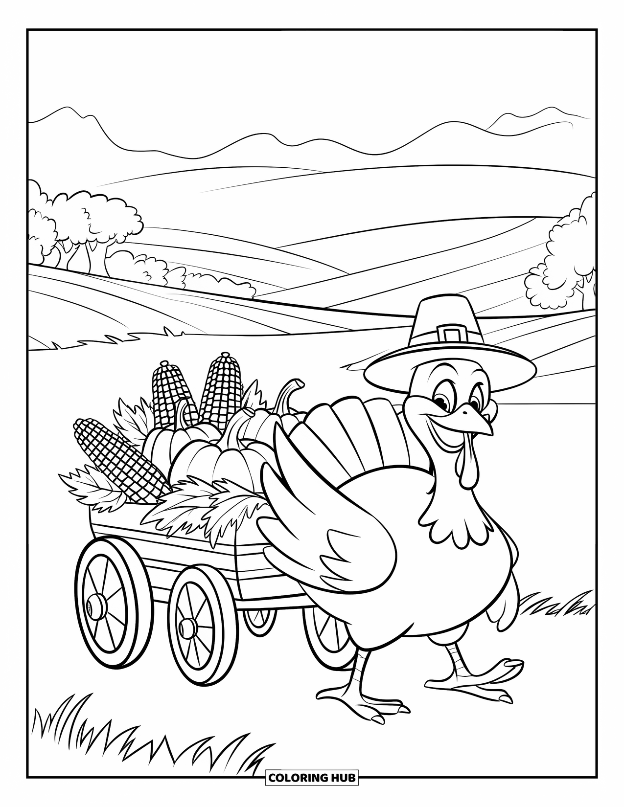 Thanksgiving Turkey Coloring Page for Kids: A cheerful turkey in a straw hat hauls a harvest wagon through rolling hills