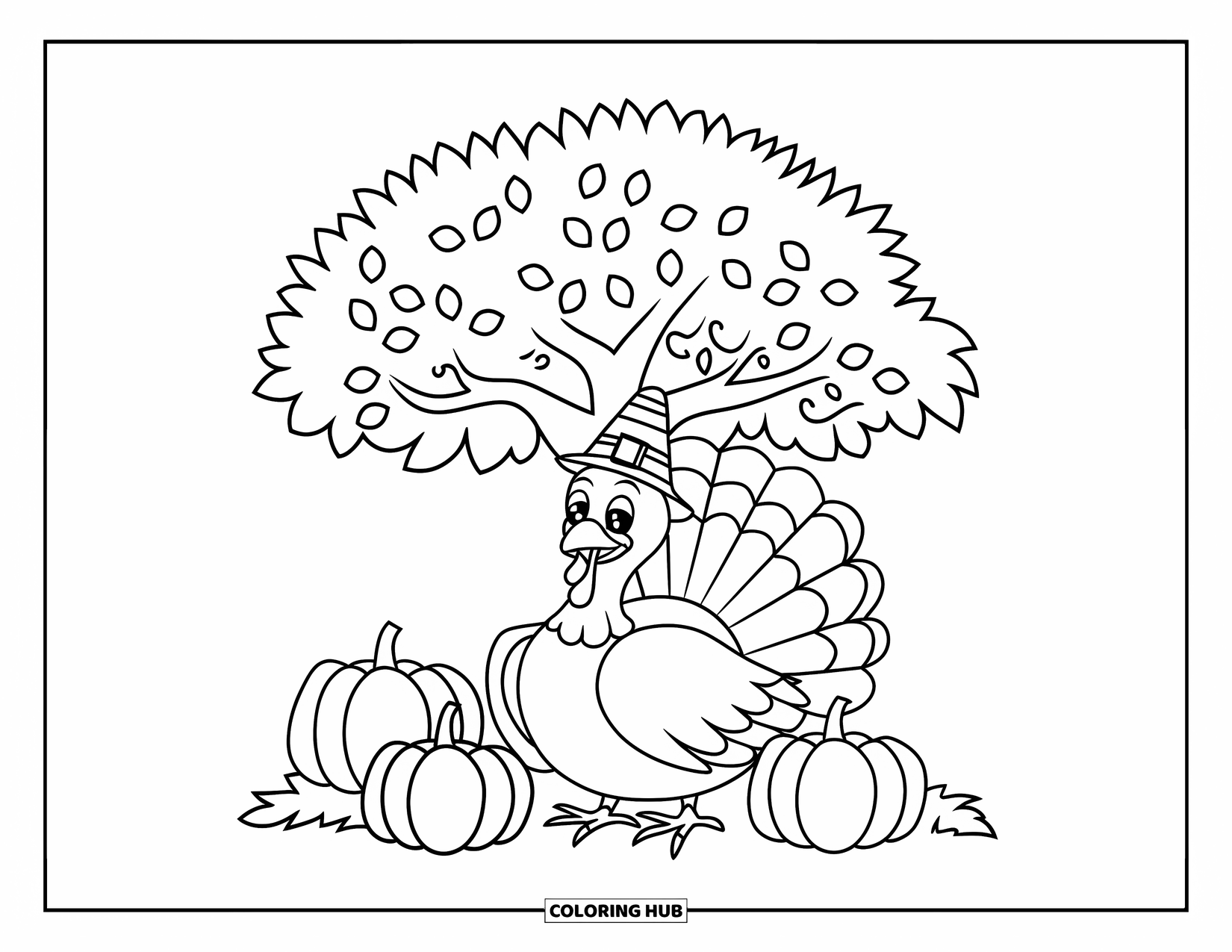 Thanksgiving Turkey Coloring Page for Kids: A cheerful turkey in a striped hat sits beneath a leafy tree