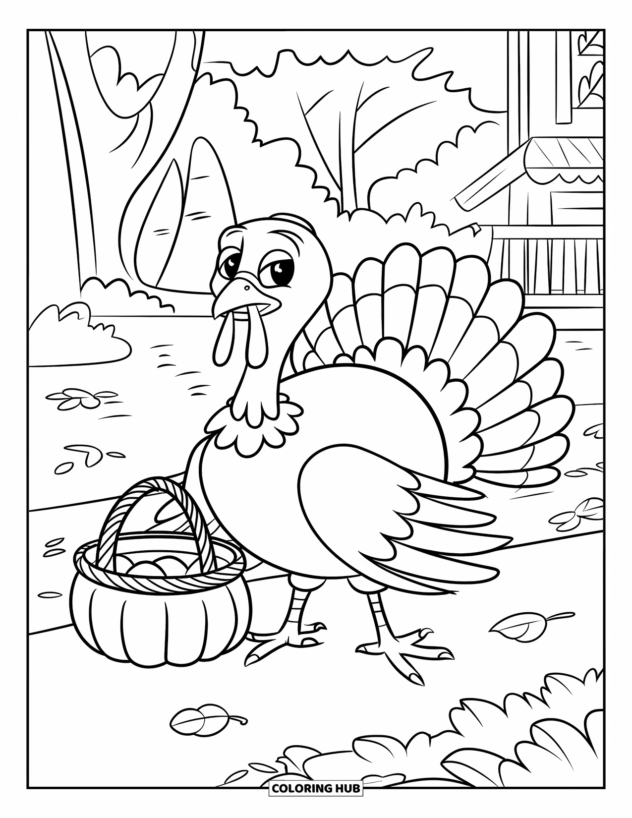 Thanksgiving Turkey Coloring Page for Kids: A cheerful turkey with a basket walks through a forest of falling leaves
