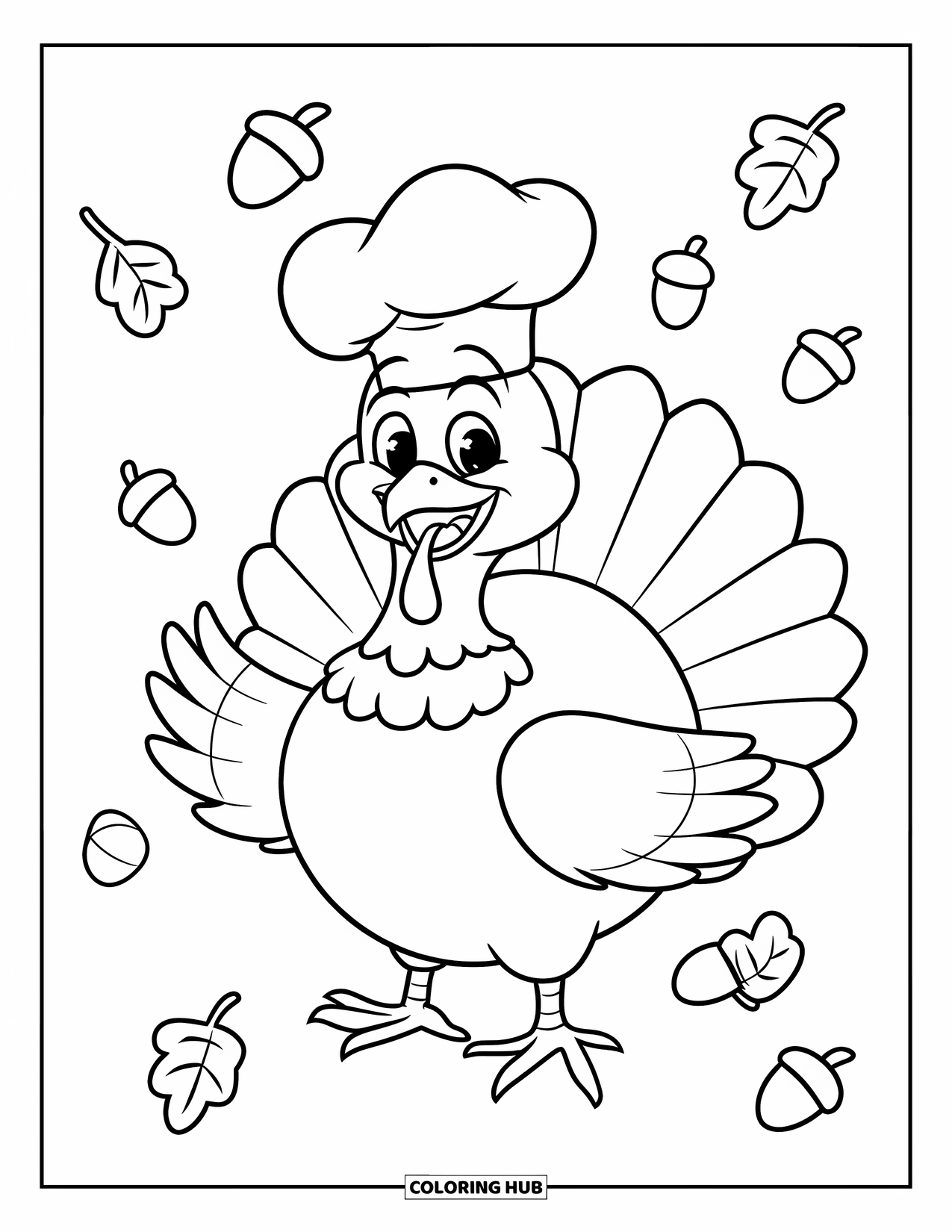 Thanksgiving Turkey Coloring Page for Kids: A cheerful turkey with a chef's hat stands in a swirl of leaves