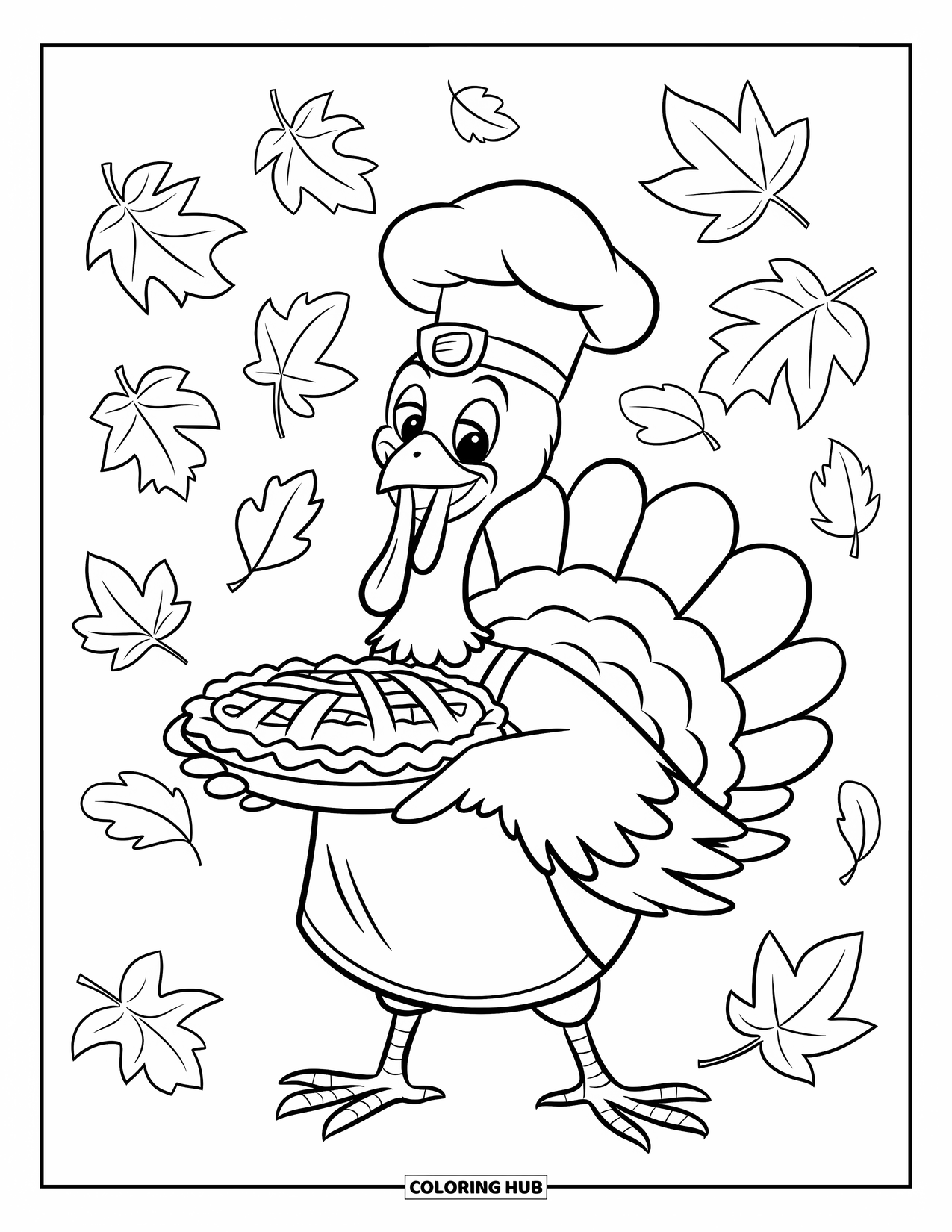Thanksgiving Turkey Coloring Page for Kids: A cheerful turkey with pie and falling leaves stands in a forest