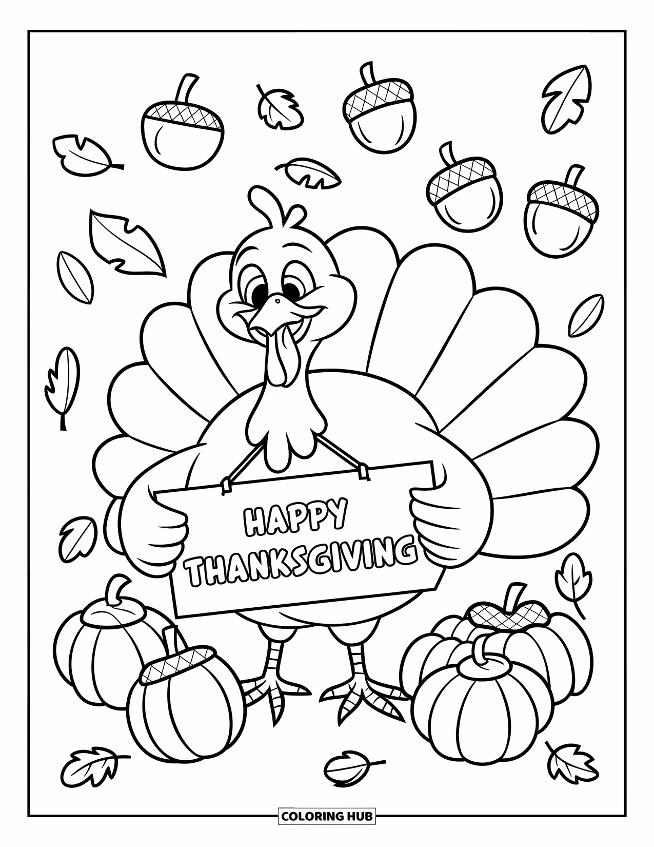Thanksgiving Turkey Coloring Page for Kids: A chubby turkey holds a sign and is surrounded by falling leaves