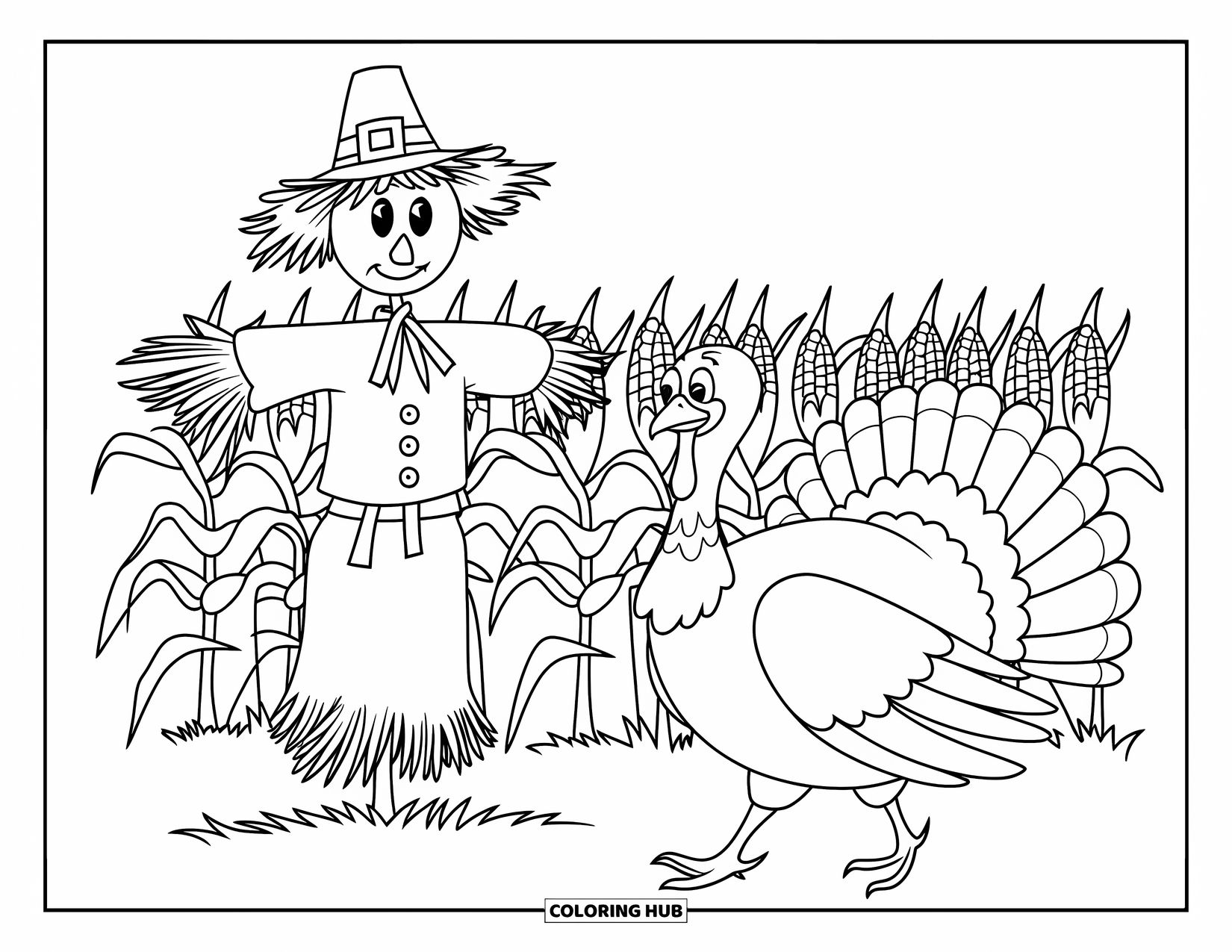 Thanksgiving Turkey Coloring Page for Kids: A happy turkey passes a scarecrow in a tall cornfield