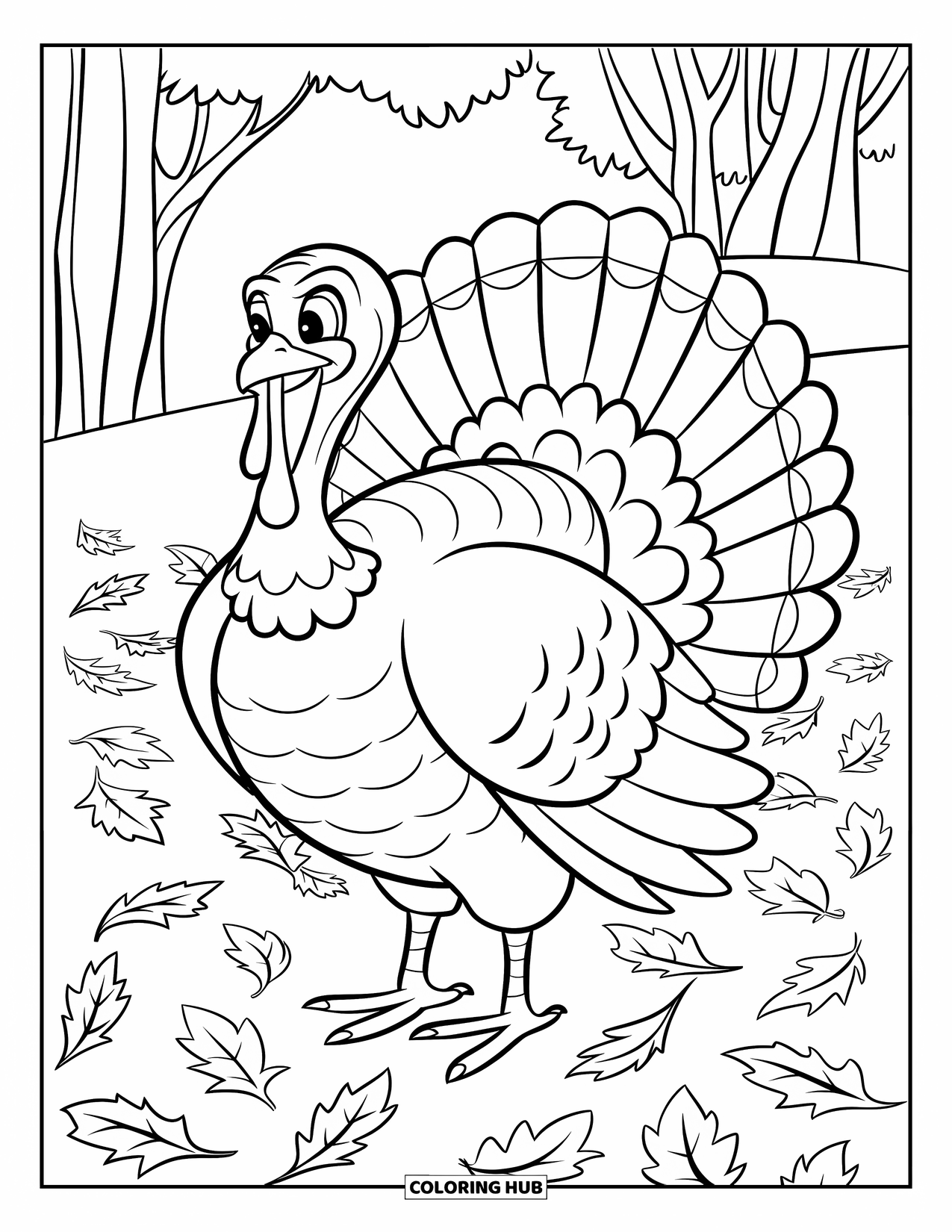Thanksgiving Turkey Coloring Page for Kids: A happy turkey poses as leaves swirl across a breezy fall field