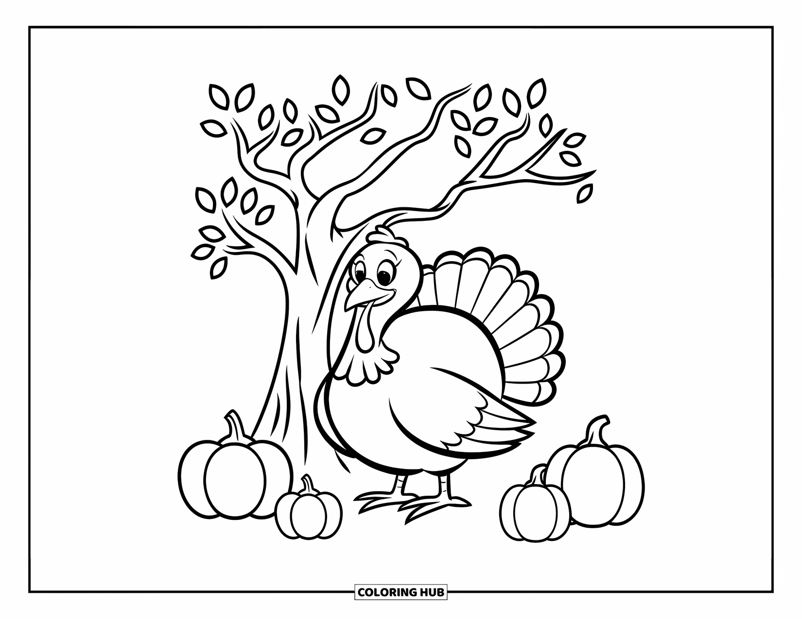 Thanksgiving Turkey Coloring Page for Kids: A happy turkey rests under a tree with three unique pumpkins