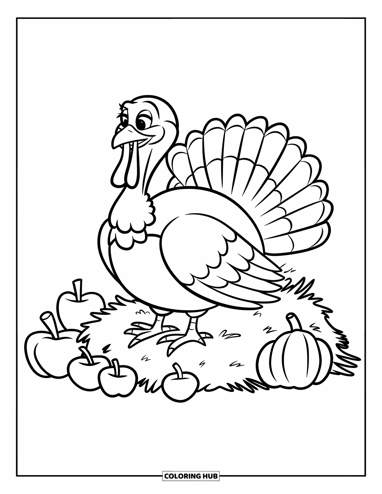 Thanksgiving Turkey Coloring Page for Kids: A happy turkey sits on hay with apples and squash all around