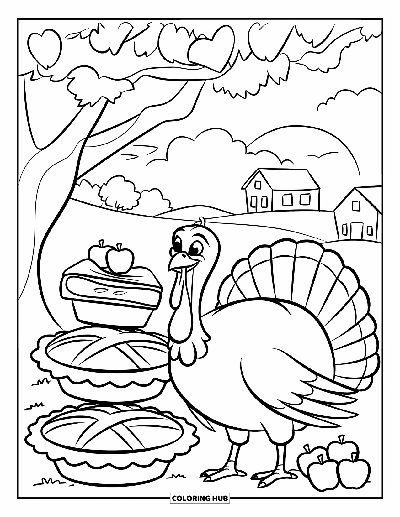 Thanksgiving Turkey Coloring Page for Kids: A happy turkey stands by pies and apples under a big tree
