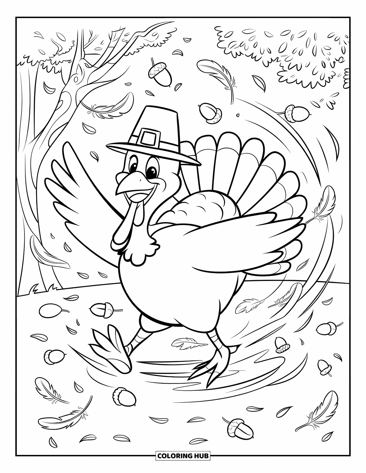 Thanksgiving Turkey Coloring Page for Kids: A happy turkey twirls in falling leaves and acorns