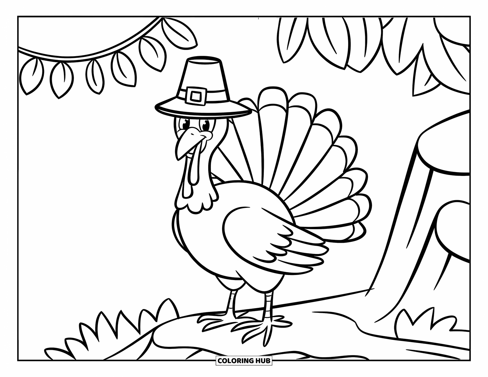 Thanksgiving Turkey Coloring Page for Kids: A happy turkey with a hat stands on a rock under a festive leaf banner