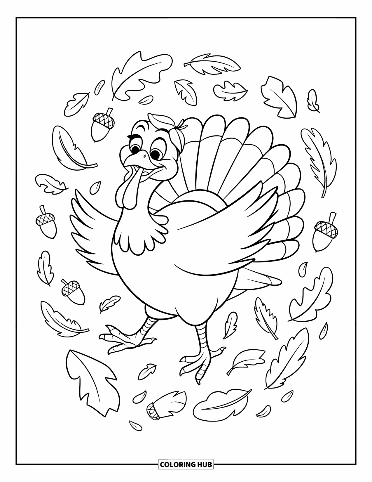 Thanksgiving Turkey Coloring Page for Kids: A joyful turkey dances among swirling leaves and cheerful acorns