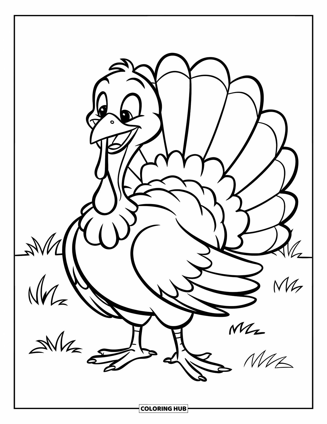 Thanksgiving Turkey Coloring Page for Kids: A playful turkey shows off its feathers in an open grassy field