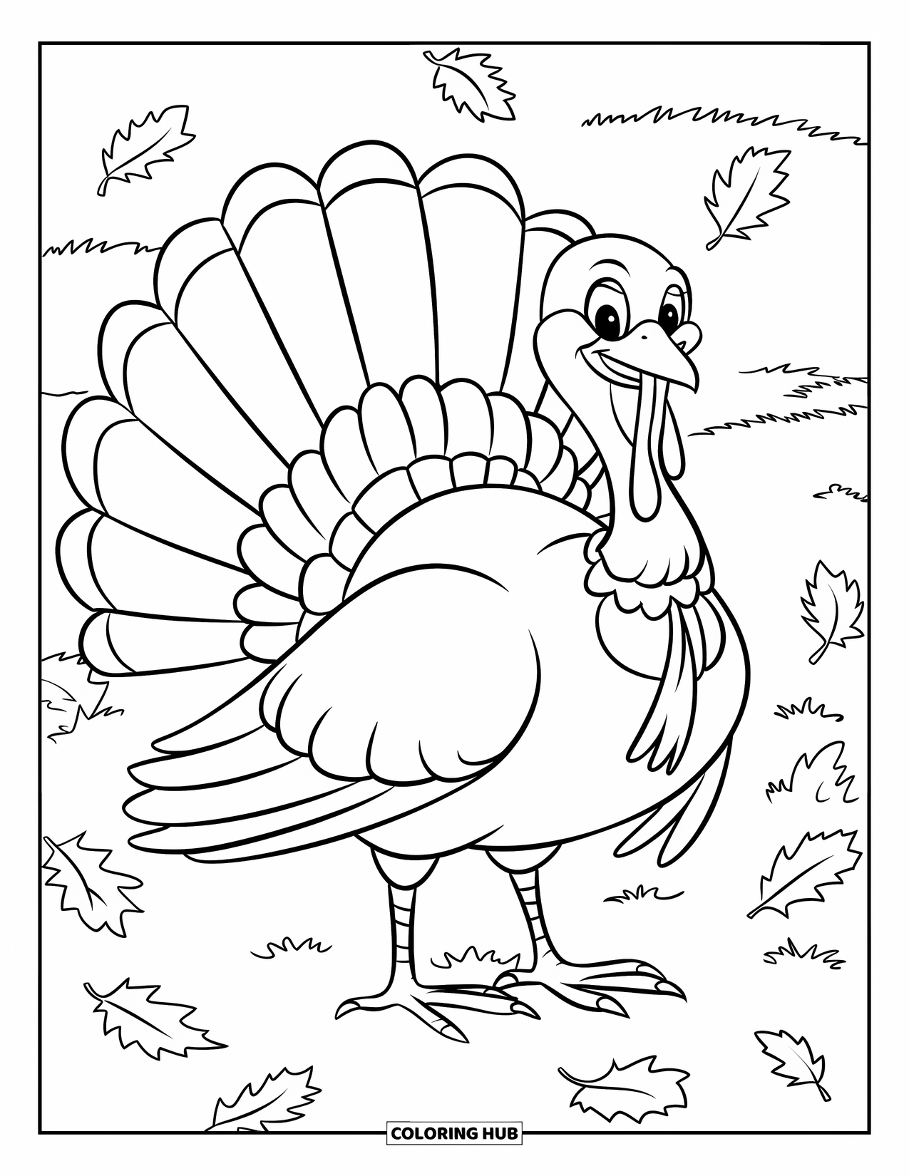 Thanksgiving Turkey Coloring Page for Kids: A proud turkey stands tall in a windy field of swirling leaves
