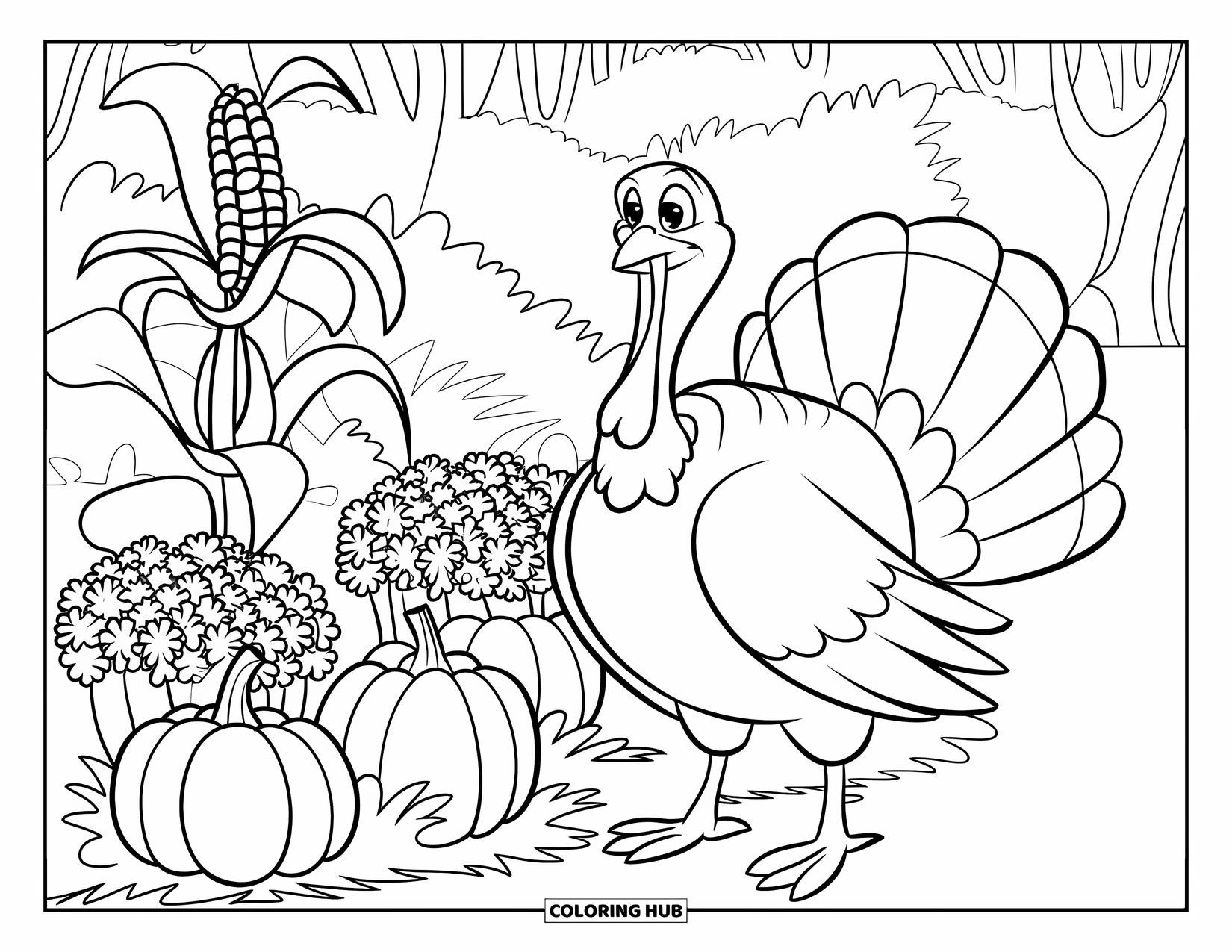 Thanksgiving Turkey Coloring Page for Kids: A proud turkey waddles near a rustic garden with pumpkins and mums