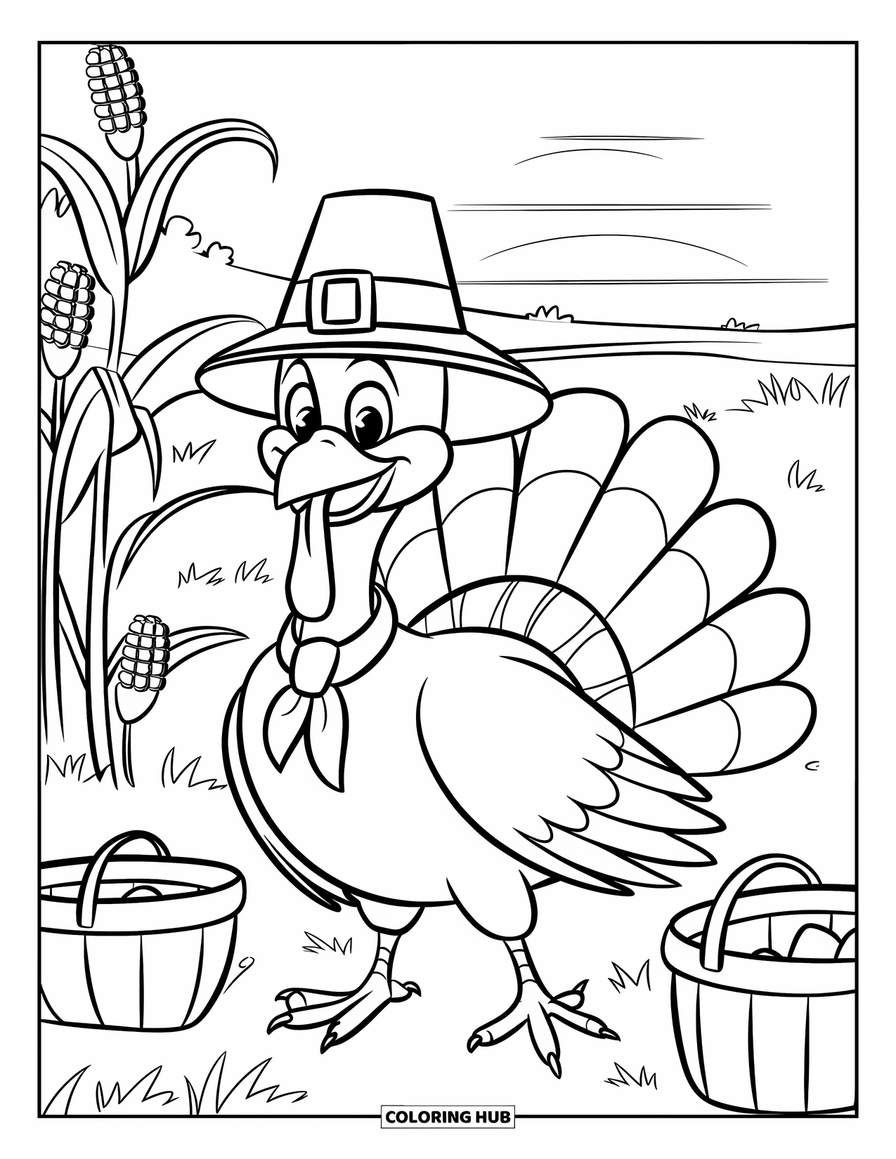 Thanksgiving Turkey Coloring Page for Kids: A smiling turkey in a cornfield wears a scarf and pilgrim hat