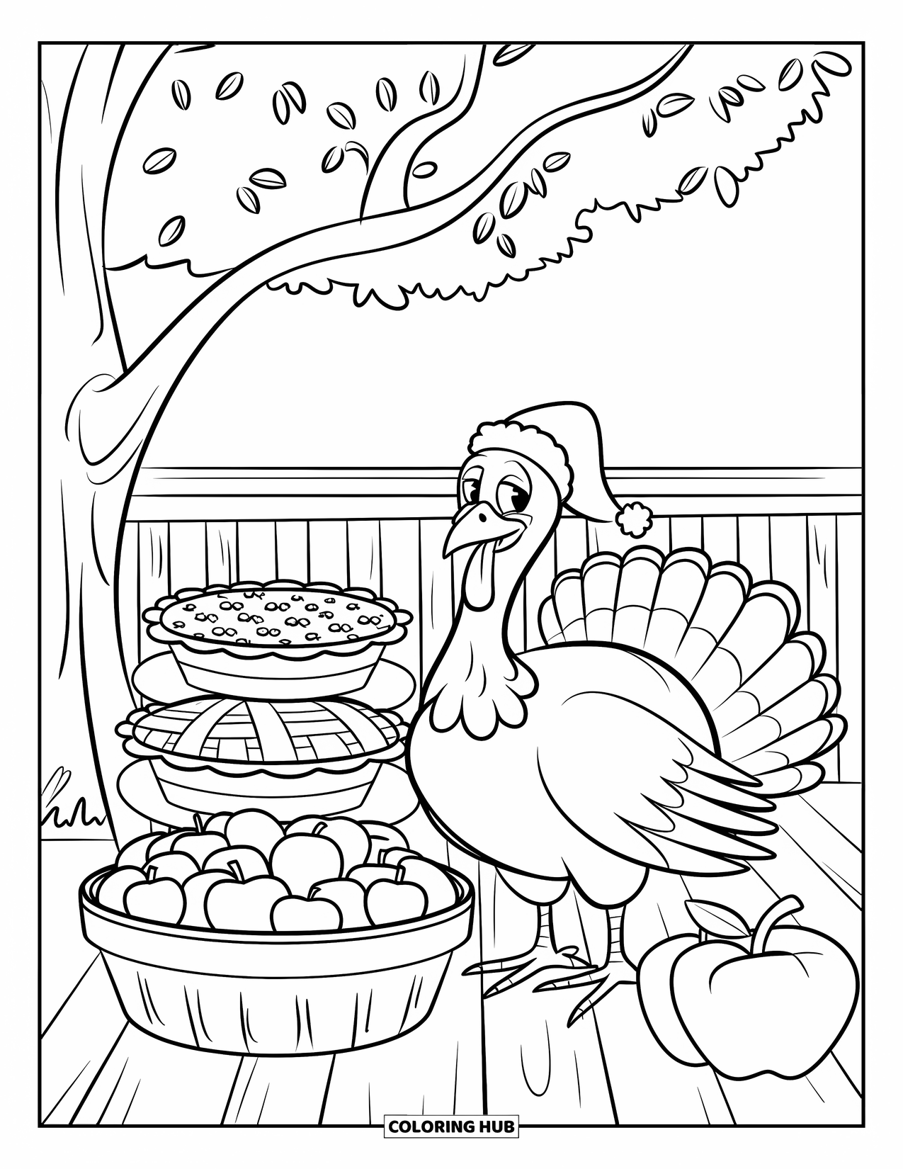 Thanksgiving Turkey Coloring Page for Kids: A smiling turkey in a fun hat stands near stacked pies and apples