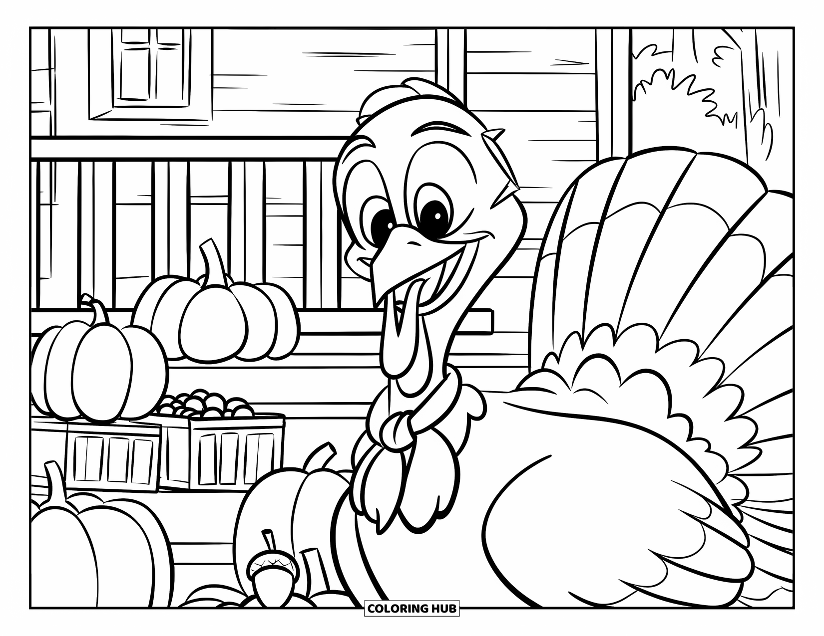 Thanksgiving Turkey Coloring Page for Kids: A smiling turkey in a scarf stands near pumpkins and a wooden cabin