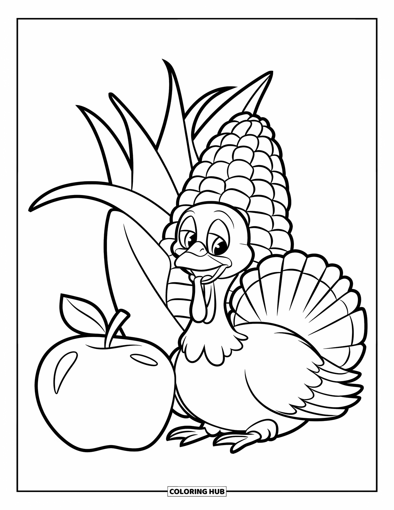 Thanksgiving Turkey Coloring Page for Kids: A smiling turkey rests by a corn cob, apple, and a wooden barrel