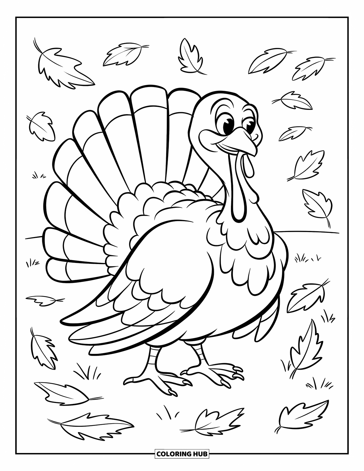 Thanksgiving Turkey Coloring Page for Kids: A smiling turkey shows off feathers as leaves blow in the breeze