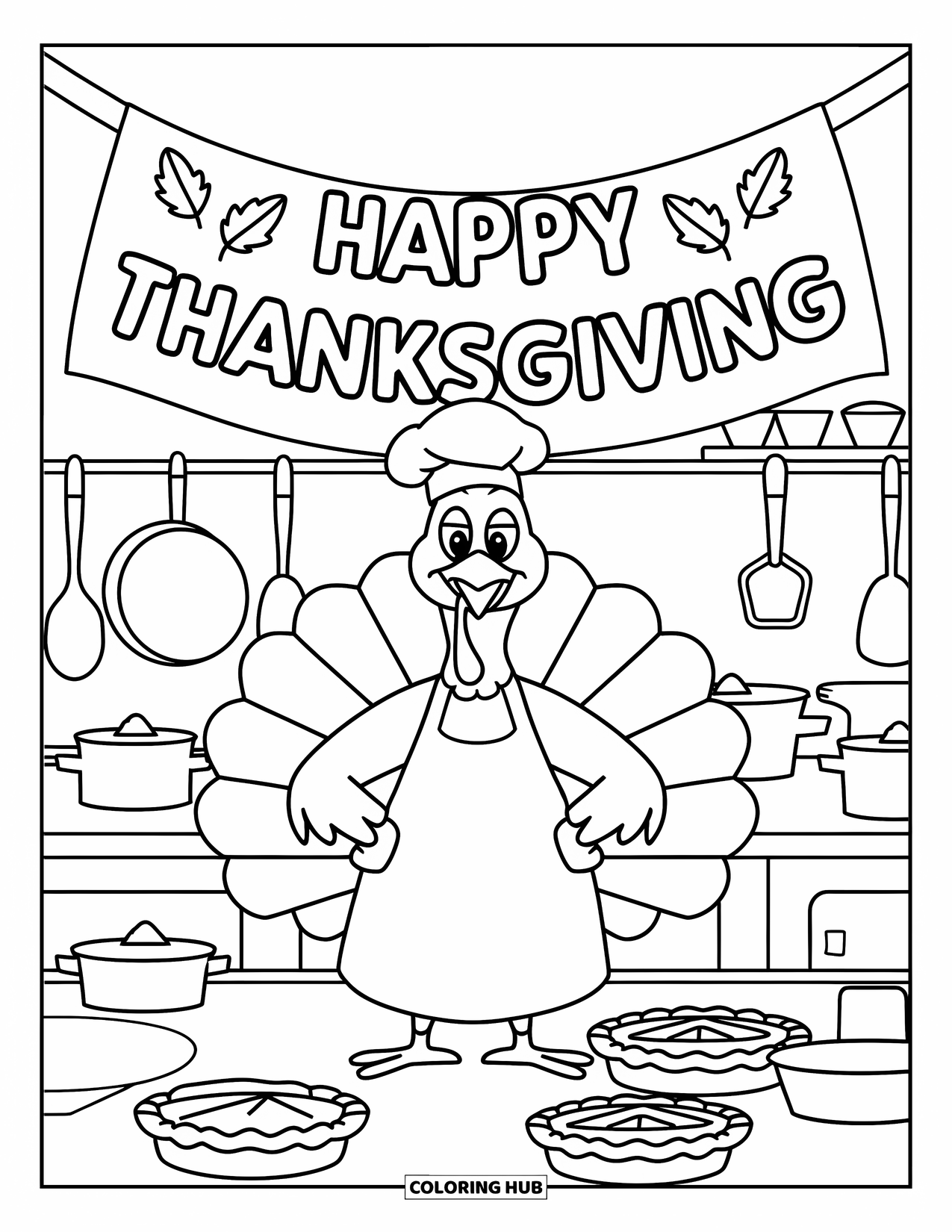 Thanksgiving Turkey Coloring Page for Kids: A smiling turkey stands under a ìHappy Thanksgivingî banner in a kitchen