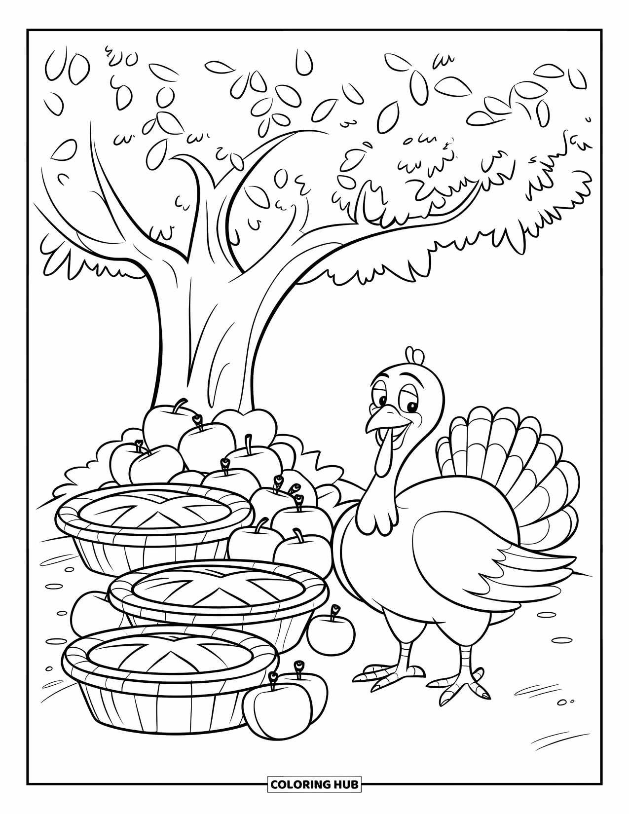 Thanksgiving Turkey Coloring Page for Kids: A smiling turkey stands under a tree with pies and shiny apples