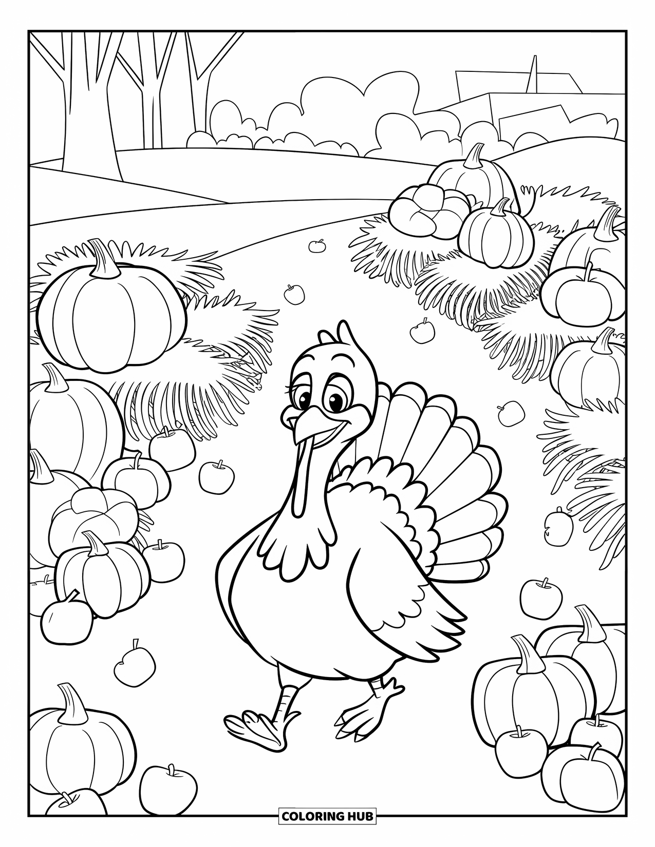 Thanksgiving Turkey Coloring Page for Kids: A smiling turkey strolls among pumpkins, hay, and scattered apples