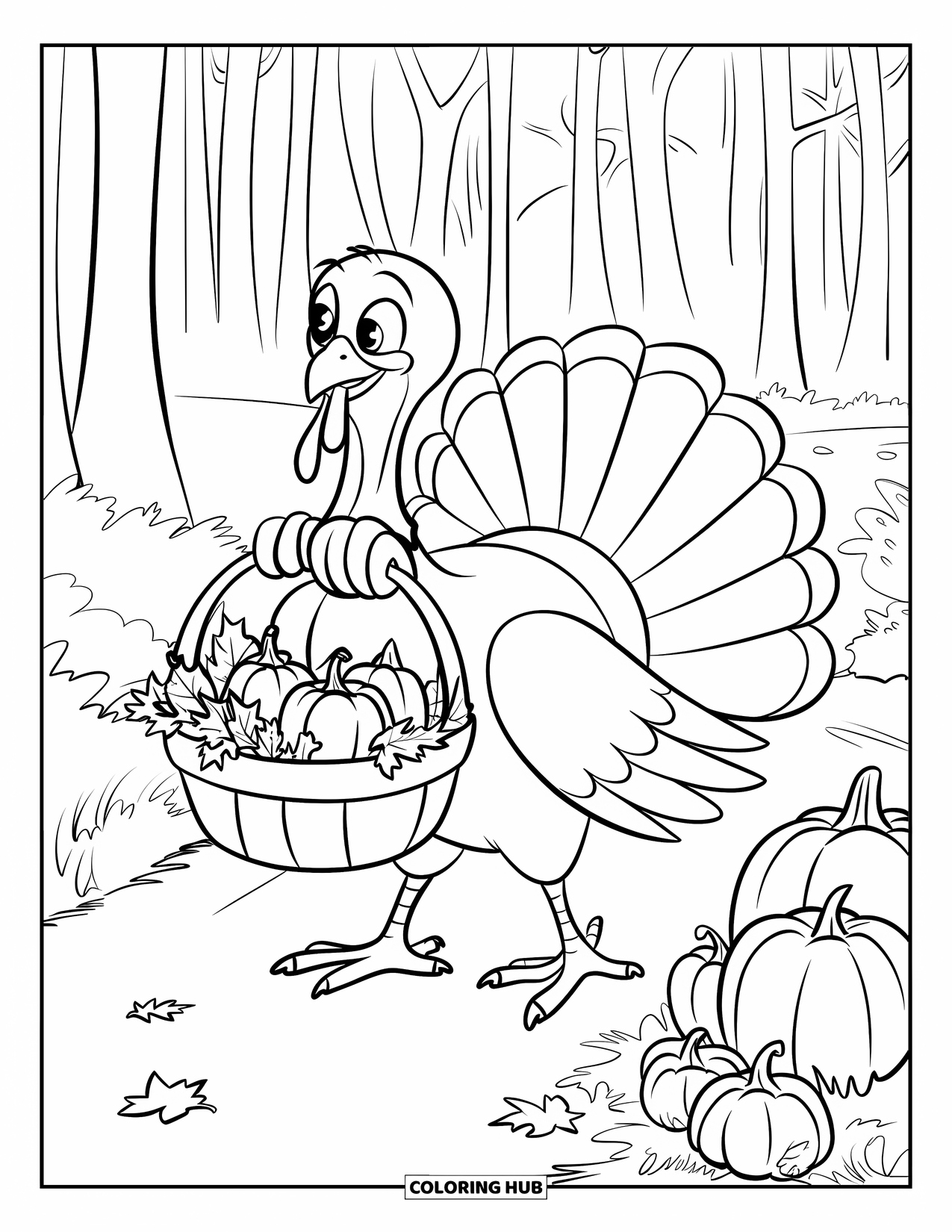 Thanksgiving Turkey Coloring Page for Kids: A smiling turkey with a basket of pumpkins and gourds walks a forest path