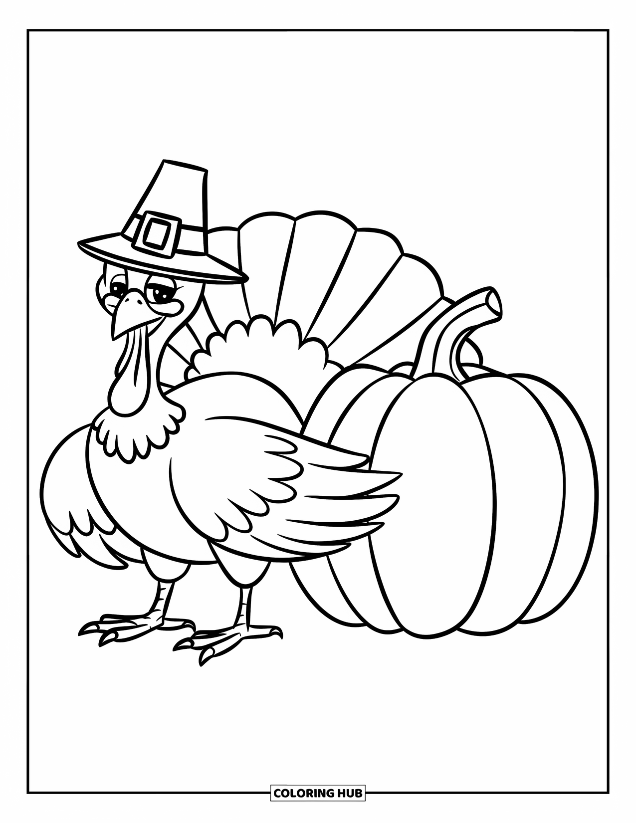 Thanksgiving Turkey Coloring Page for Kids: A smiling turkey with a pumpkin stands on a simple white background