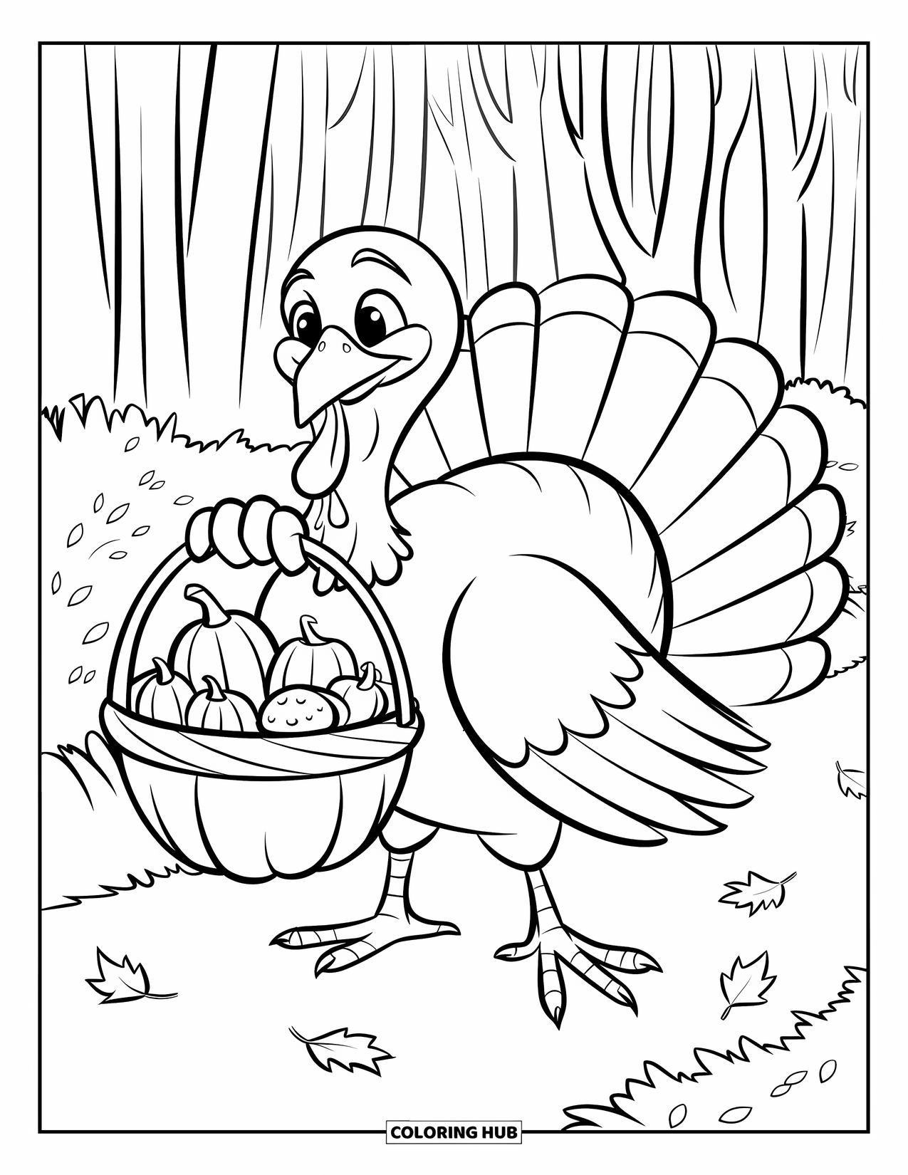 Thanksgiving Turkey Coloring Page for Kids: A turkey carries a harvest basket along a leaf-strewn forest path