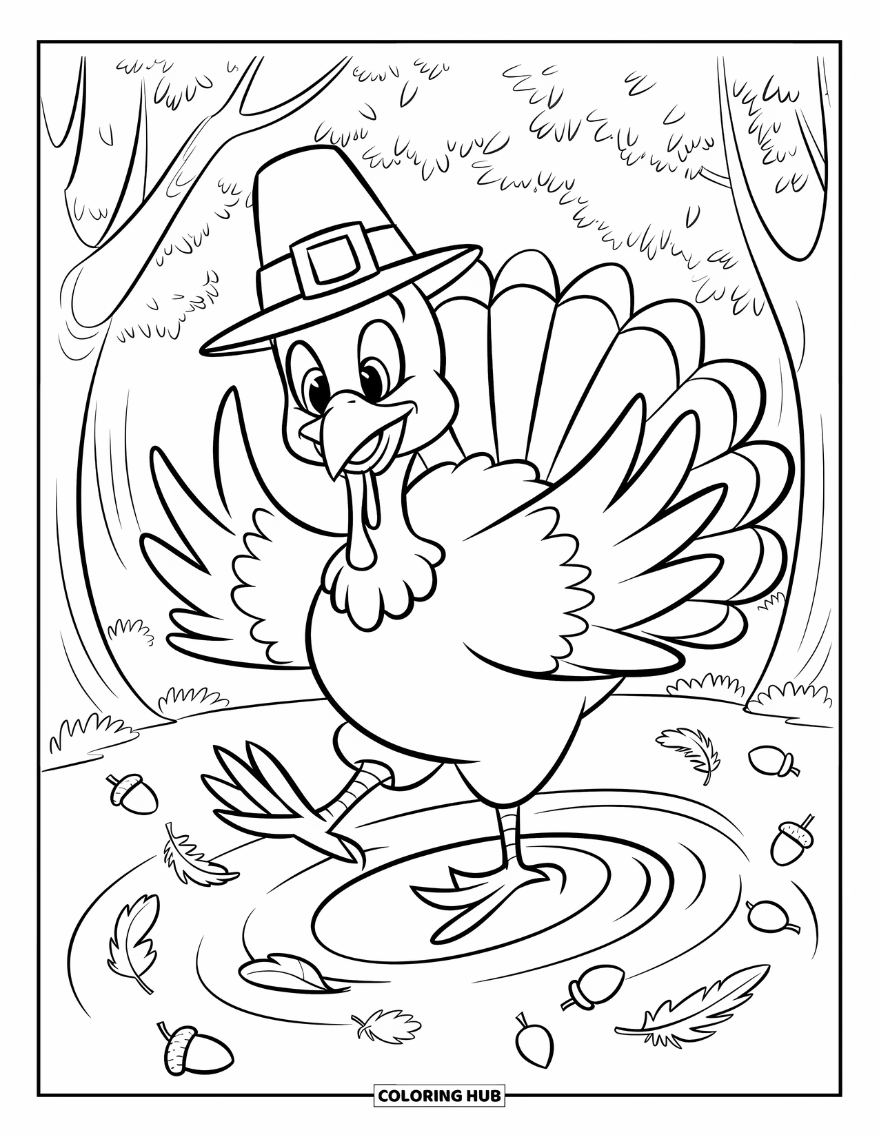Thanksgiving Turkey Coloring Page for Kids: A turkey dances in swirling leaves, feathers, and acorns