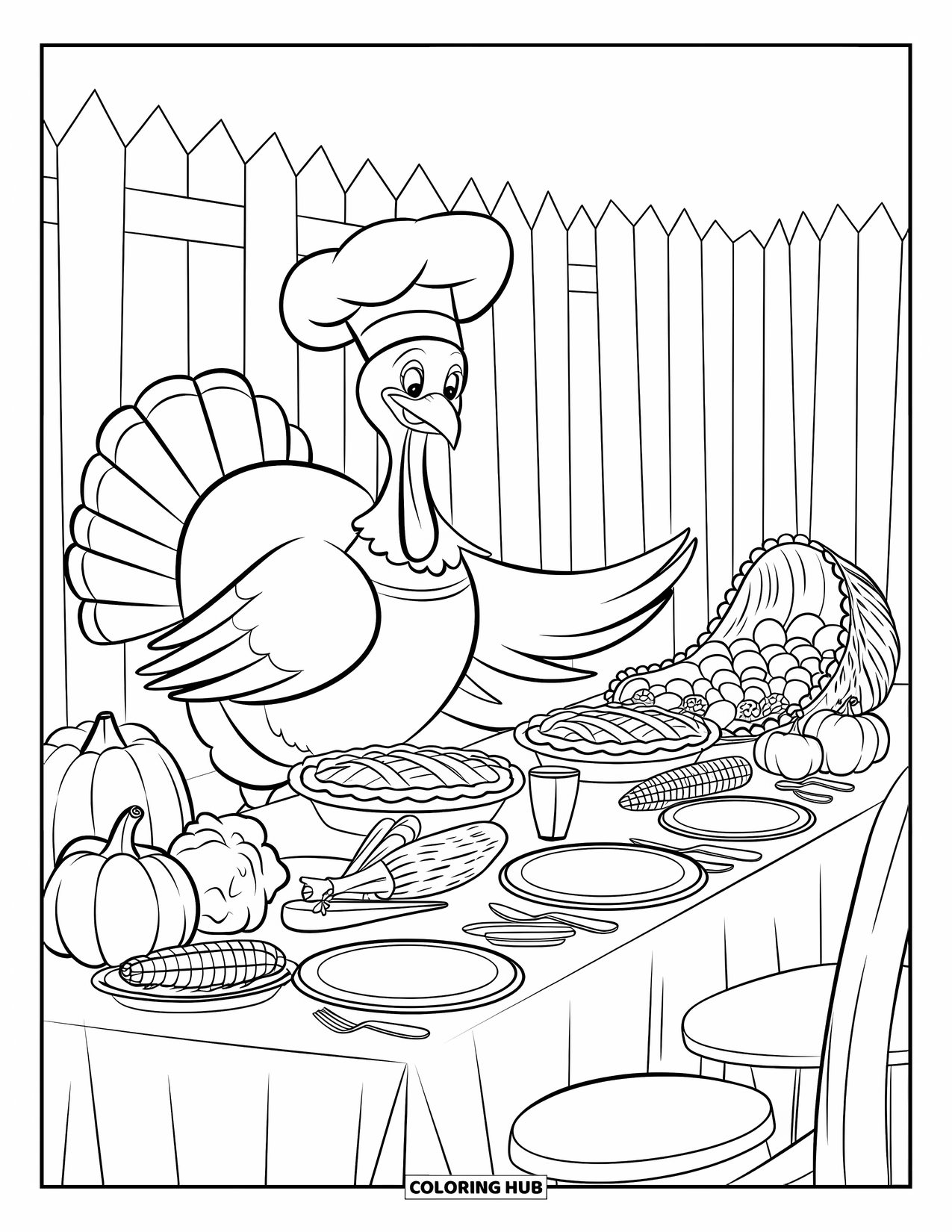 Thanksgiving Turkey Coloring Page for Kids: A turkey decorates a harvest table filled with pie, gourds, and a lantern