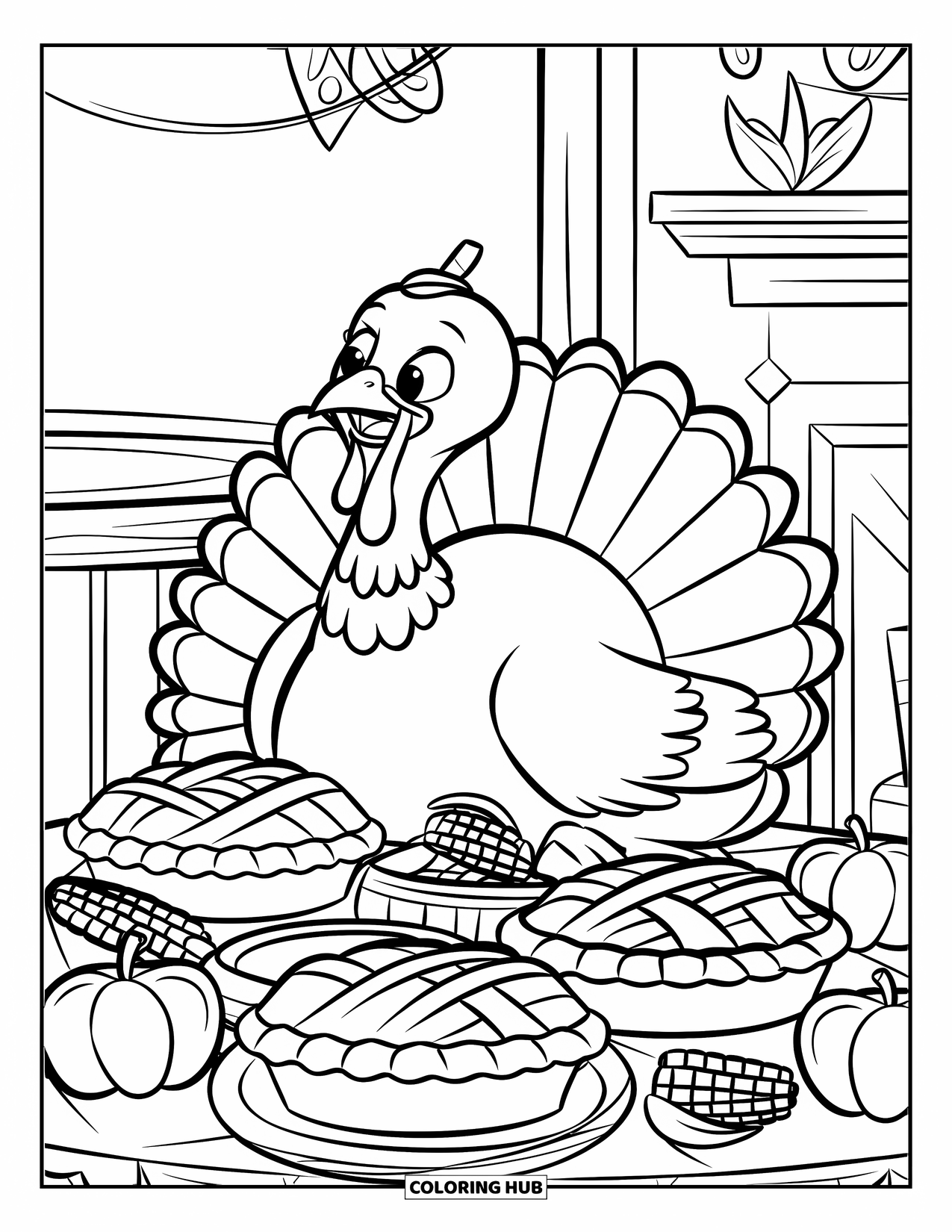 Thanksgiving Turkey Coloring Page for Kids: A turkey decorates a table full of fall treats beside a fireplace