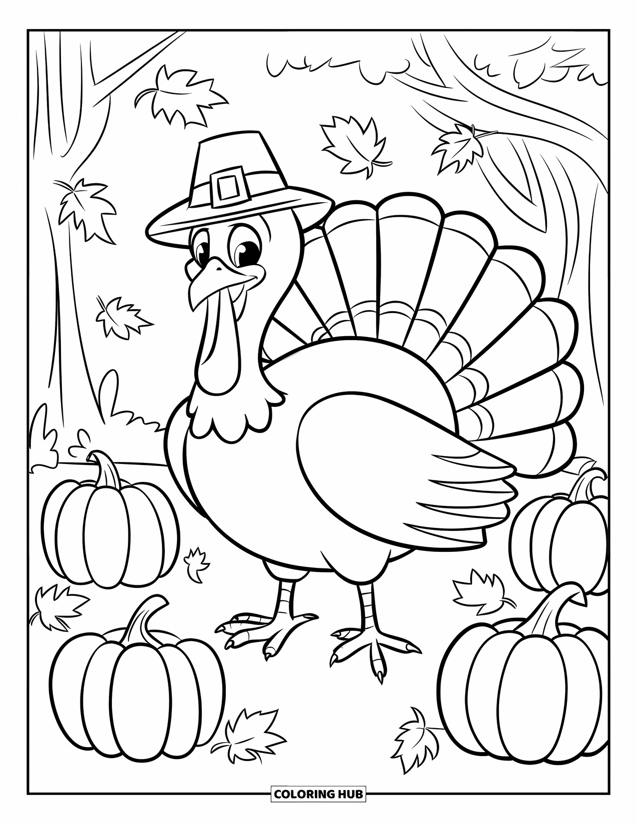 Thanksgiving Turkey Coloring Page for Kids: A turkey grins in a patch of pumpkins and colorful falling leaves