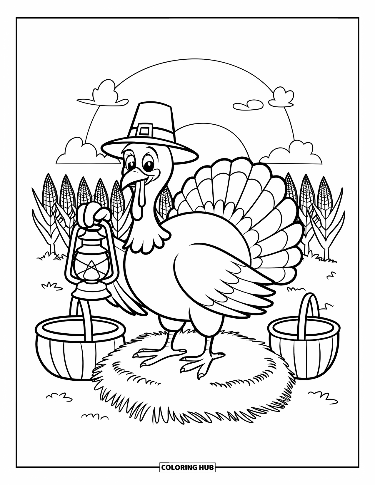 Thanksgiving Turkey Coloring Page for Kids: A turkey holds a lantern on hay bales with a cornfield sunset behind