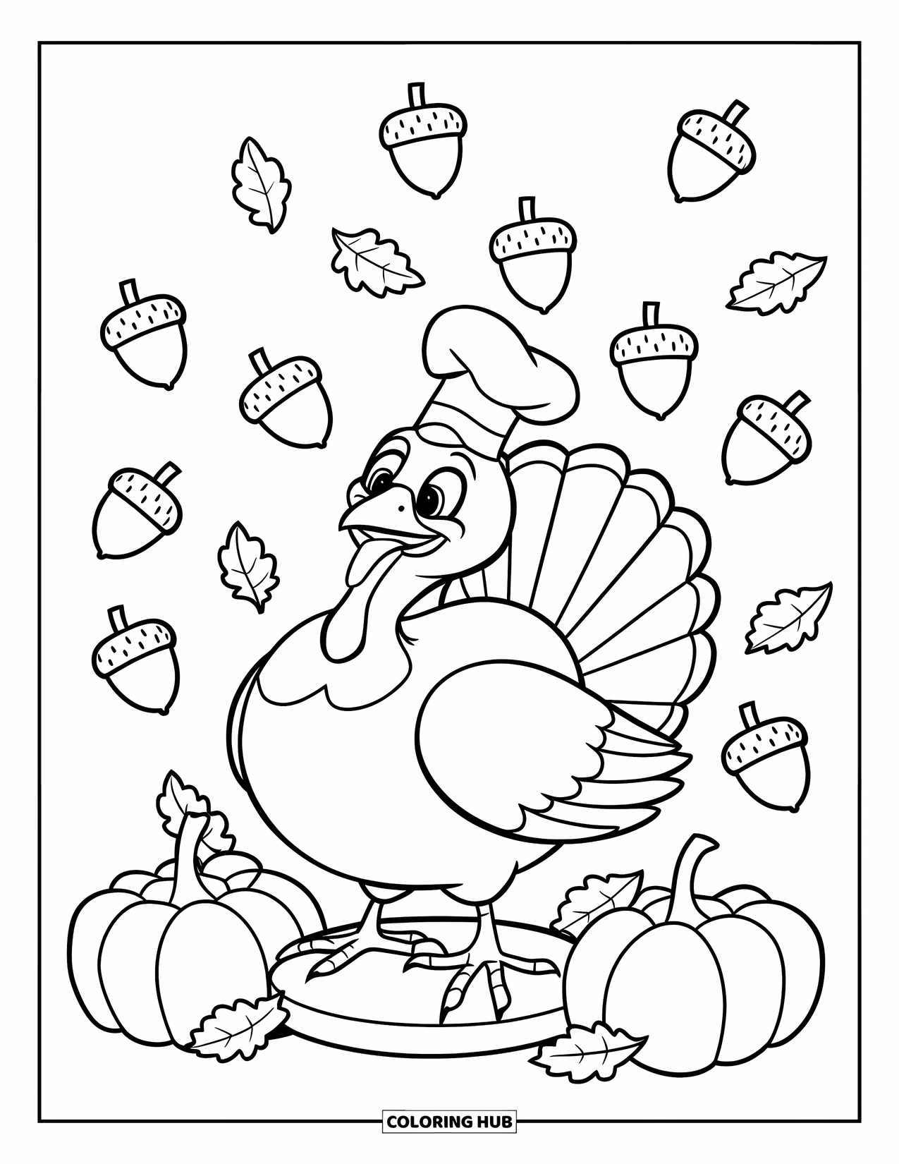 Thanksgiving Turkey Coloring Page for Kids: A turkey in a chefís hat smiles among simple acorns and leaves