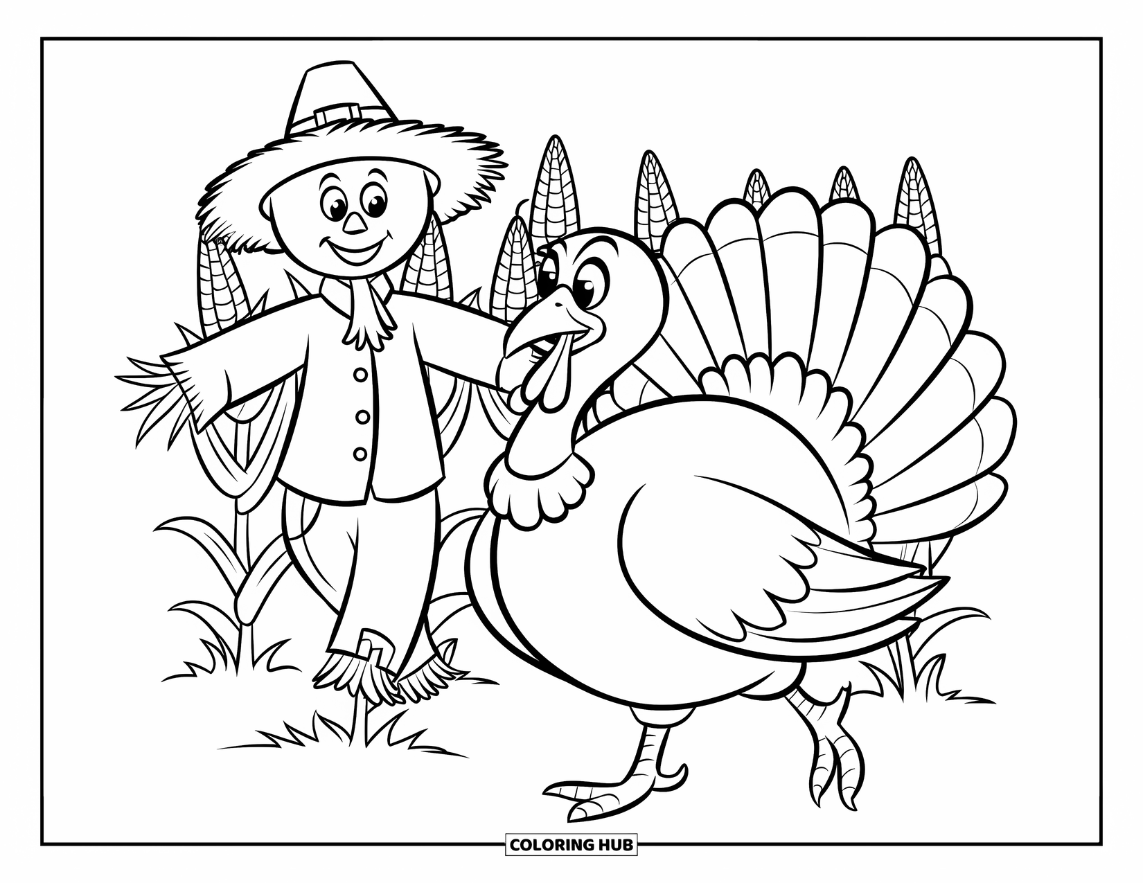 Thanksgiving Turkey Coloring Page for Kids: A turkey in a neck ribbon walks near a smiling scarecrow and flowers