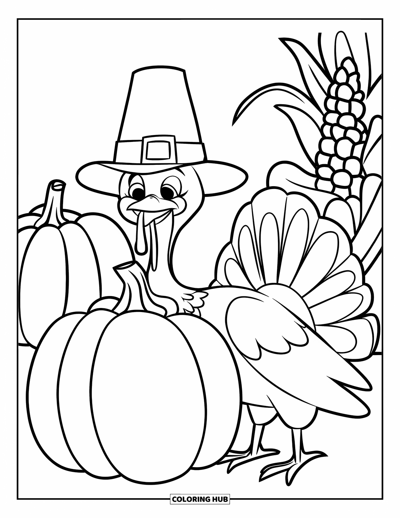 Thanksgiving Turkey Coloring Page for Kids: A turkey in a pilgrim hat poses near pumpkins and a cornstalk