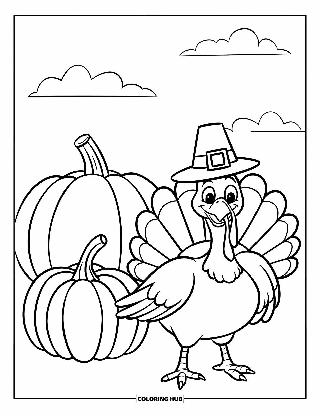 Thanksgiving Turkey Coloring Page for Kids: A turkey in a pilgrim hat stands proudly beside a large pumpkin