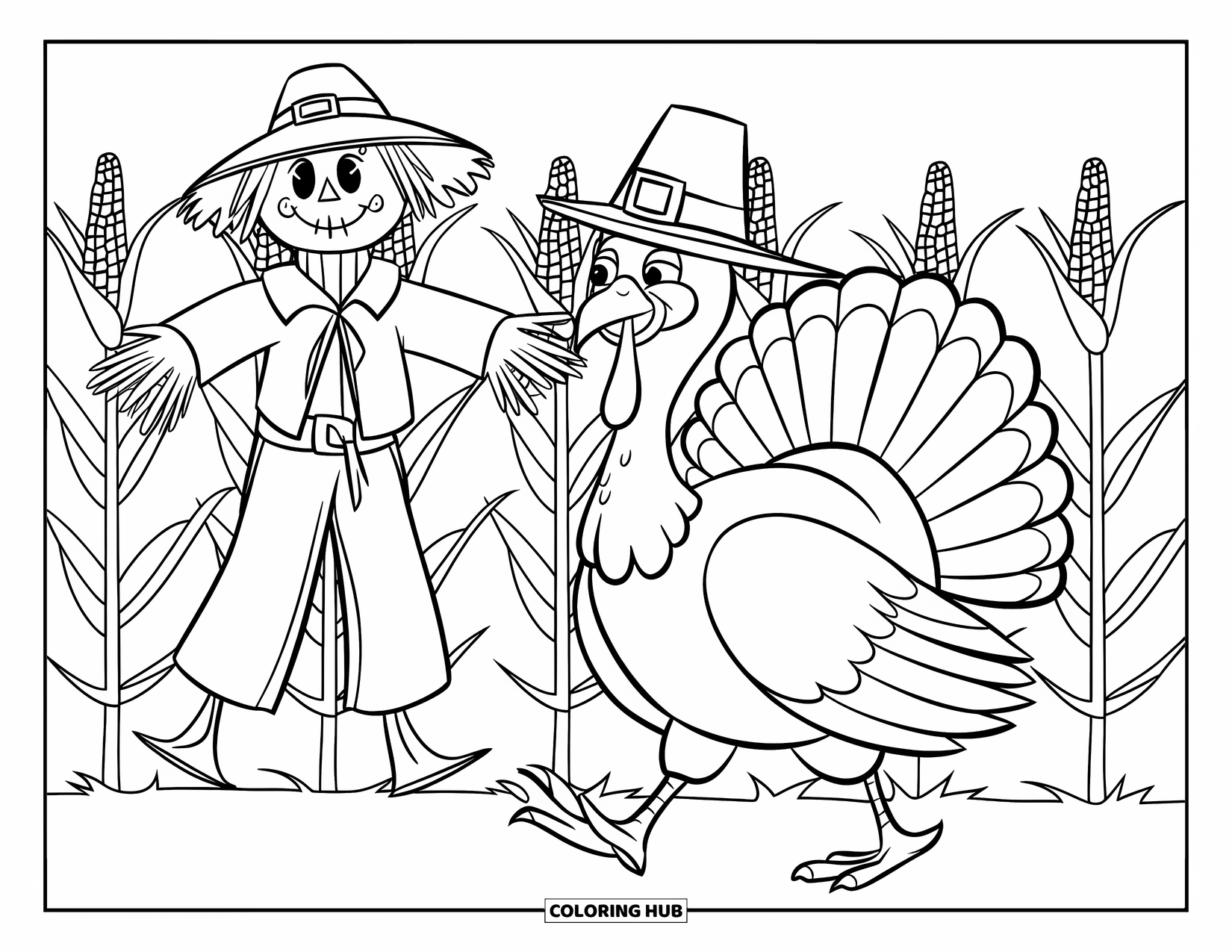 Thanksgiving Turkey Coloring Page for Kids: A turkey in a pilgrim hat strolls past a scarecrow in the cornfield