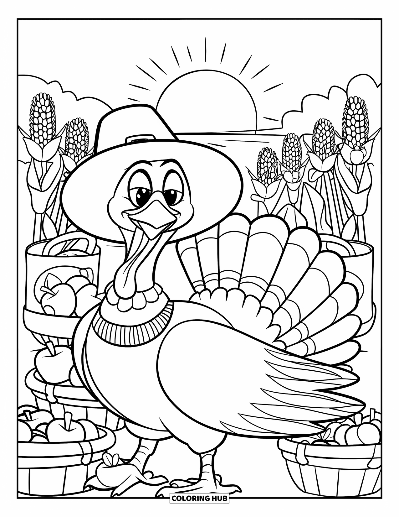 Thanksgiving Turkey Coloring Page for Kids: A turkey in a striped sweater smiles near baskets and a glowing sunset
