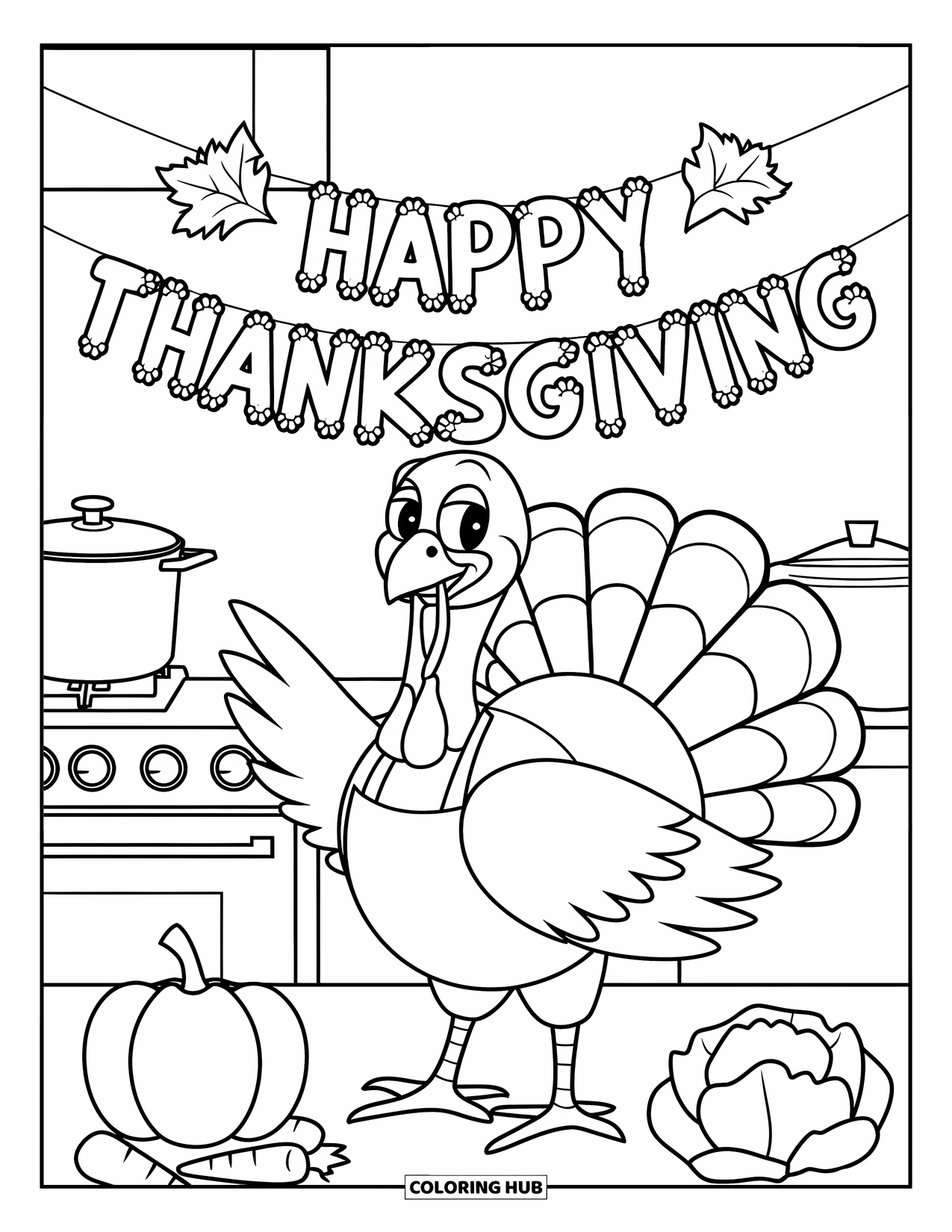 Thanksgiving Turkey Coloring Page for Kids: A turkey in an apron poses under a leafy Thanksgiving banner