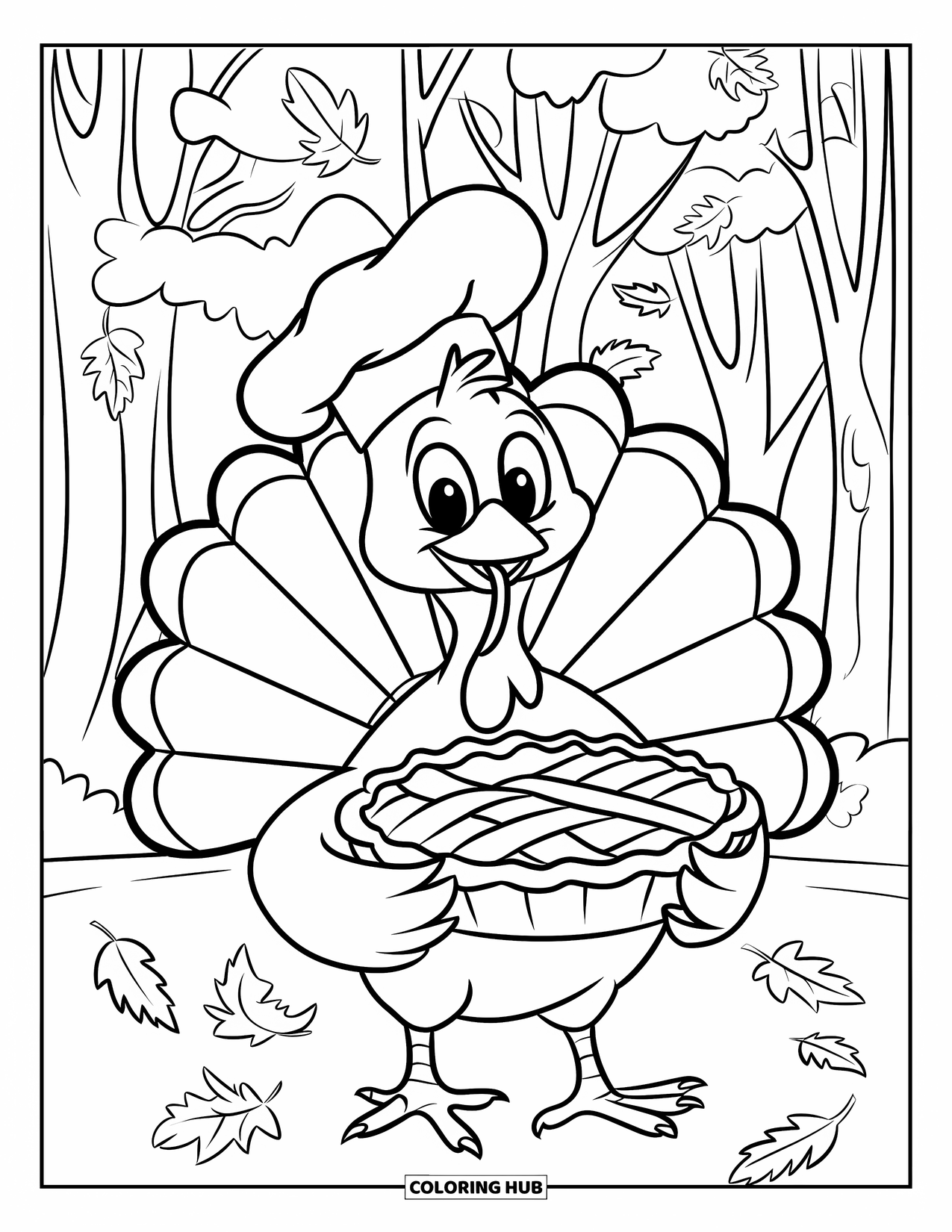 Thanksgiving Turkey Coloring Page for Kids: A turkey proudly holds a pie while leaves fall in the forest