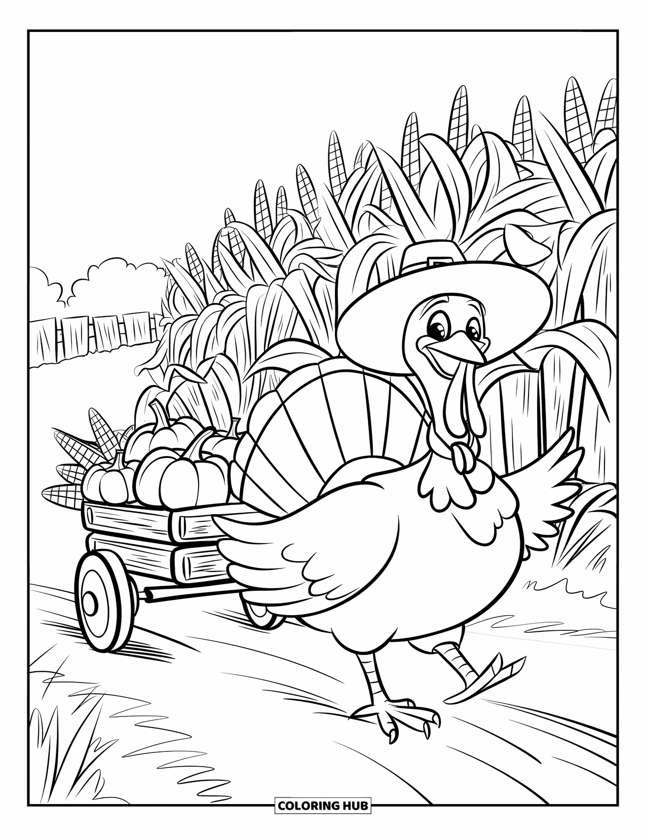 Thanksgiving Turkey Coloring Page for Kids: A turkey pulls a wagon full of pumpkins and corn through the cornfield