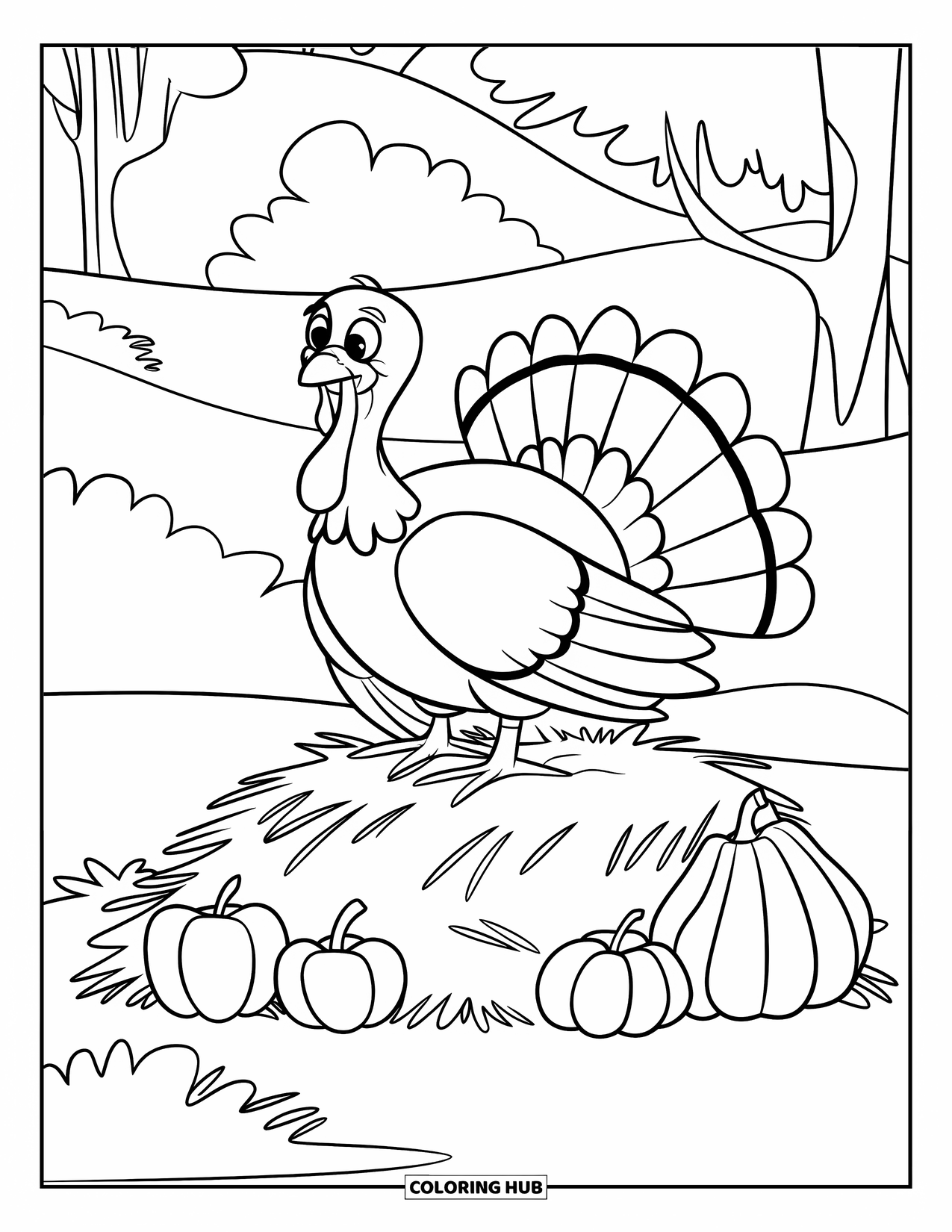 Thanksgiving Turkey Coloring Page for Kids: A turkey relaxes on a haystack in a peaceful farm setting
