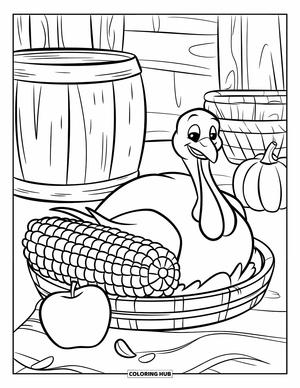 Thanksgiving Turkey Coloring Page for Kids: A turkey sits on a platter beside a corn cob and apple