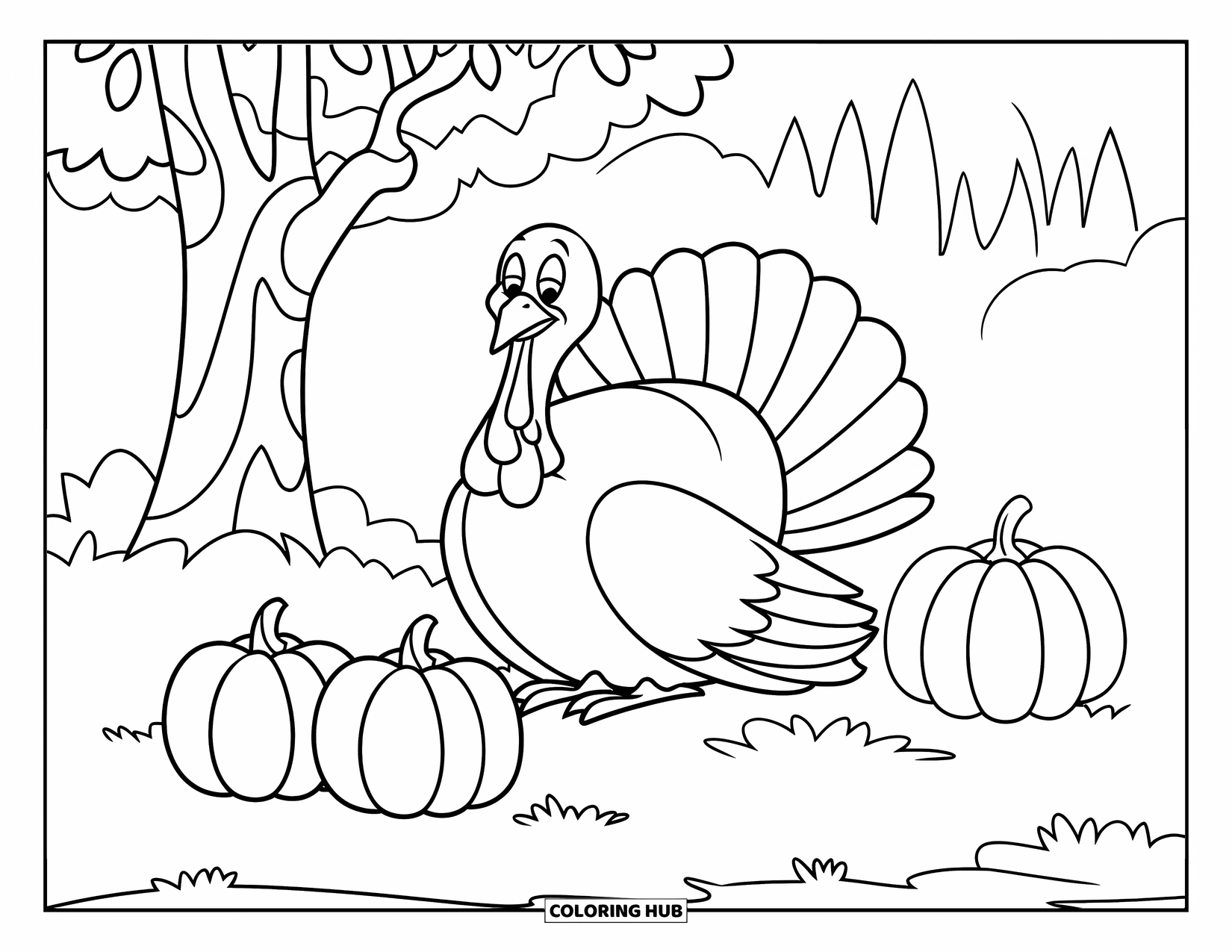 Thanksgiving Turkey Coloring Page for Kids: A turkey sits under a tree with three pumpkins nearby