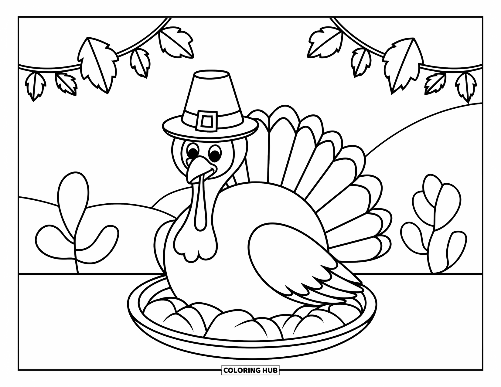 Thanksgiving Turkey Coloring Page for Kids: A turkey smiles beneath a leaf banner on a wooden platter