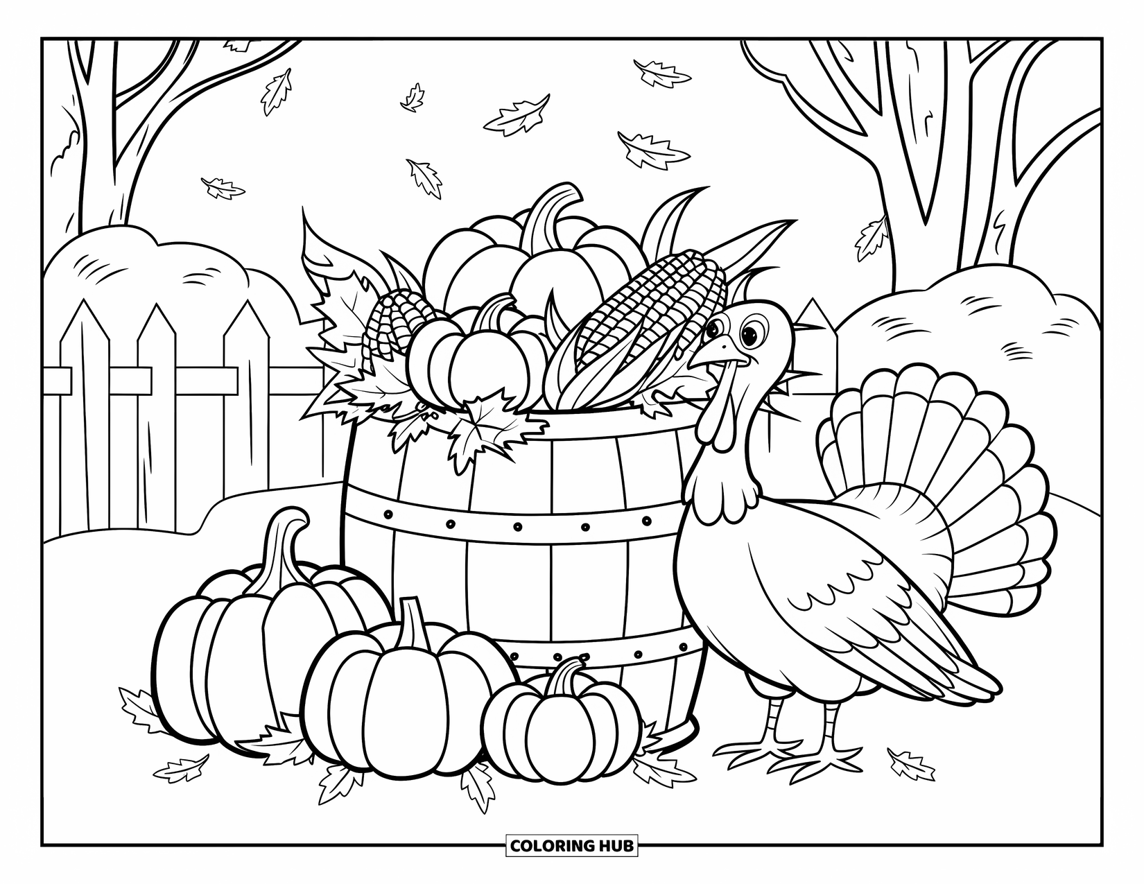 Thanksgiving Turkey Coloring Page for Kids: A turkey smiles near a harvest barrel and a fence full of falling leaves