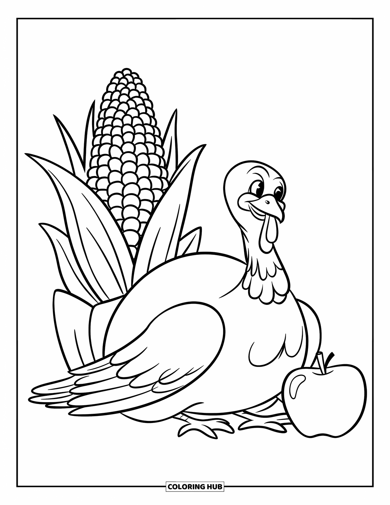 Thanksgiving Turkey Coloring Page for Kids: A turkey spreads its wings next to a corn cob and apple