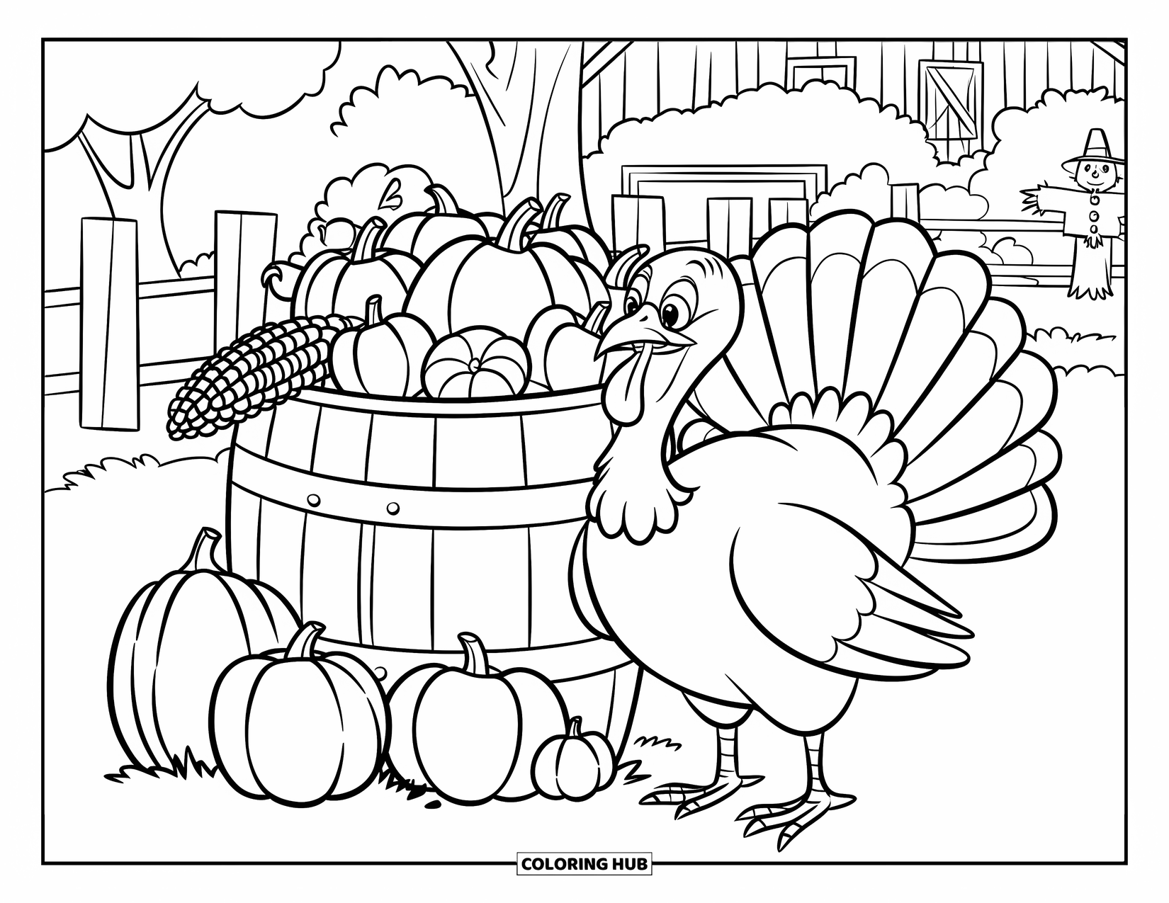 Thanksgiving Turkey Coloring Page for Kids: A turkey stands by a harvest barrel filled with pumpkins and corn