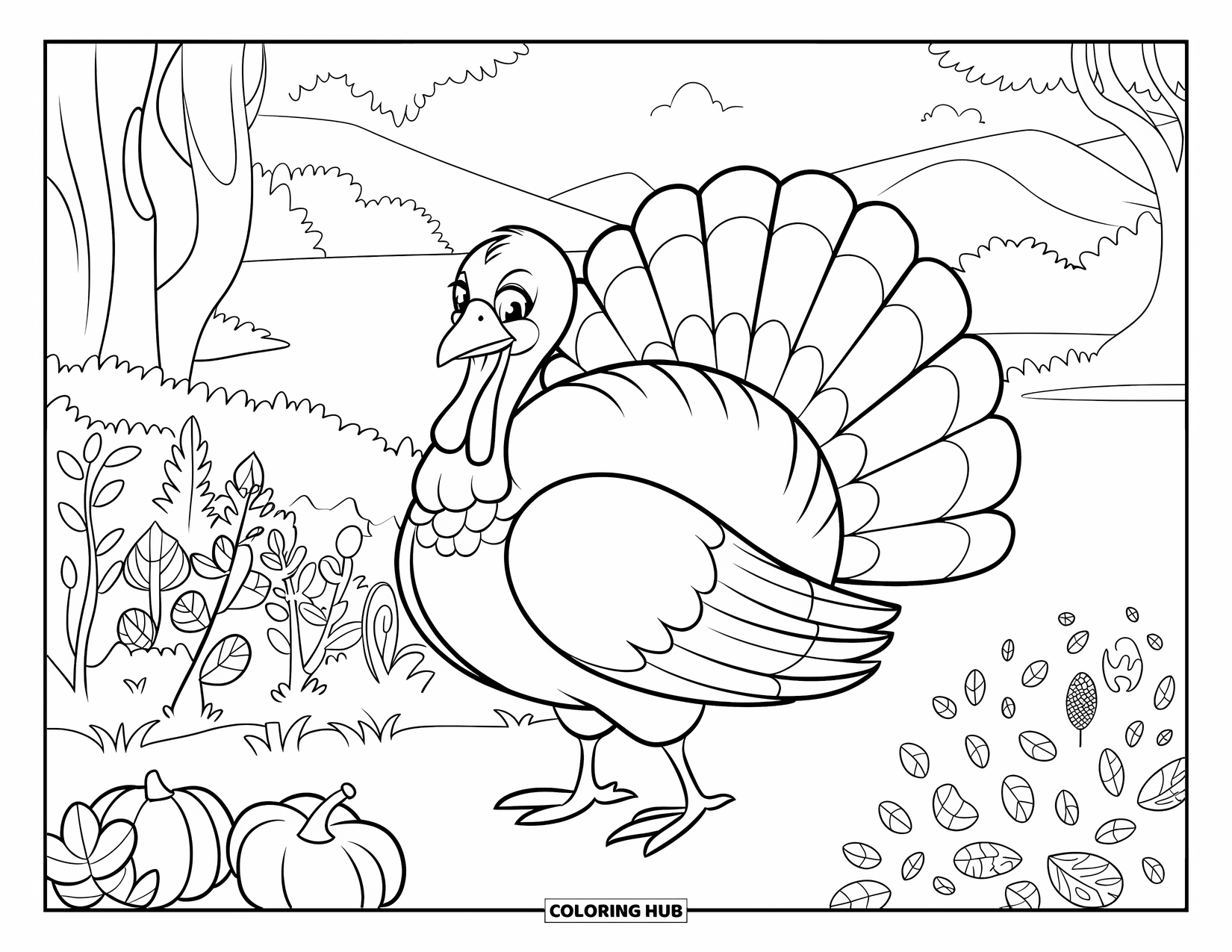 Thanksgiving Turkey Coloring Page for Kids: A turkey stands near autumn plants with mountains and water in the distance